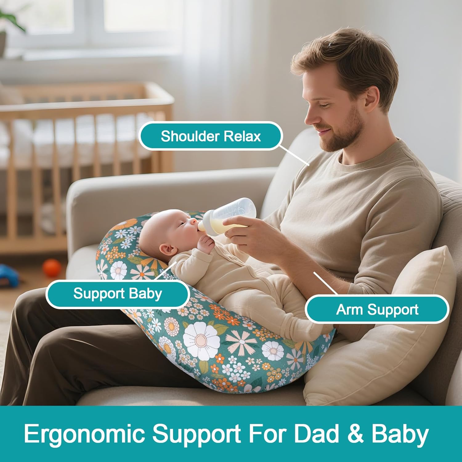 Ergonomic Nursing Pillow for Breastfeeding & Bottle Feeding, Breastfeeding Pillow to Reduce Back Neck Strain, Suitable for Breastfeeding Mom & Baby, Washable Cotton Cover(Flower Green)