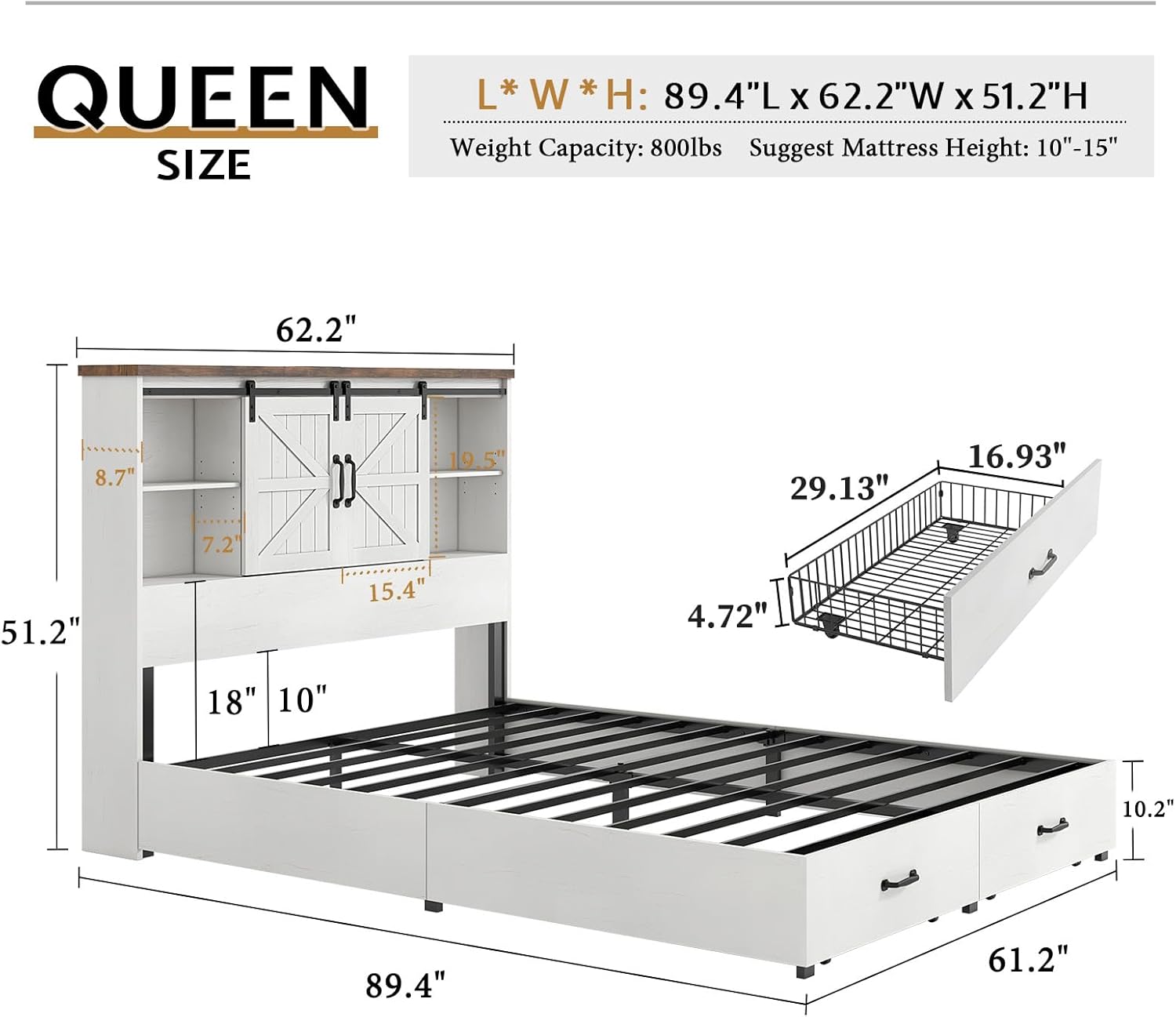 VanAcc Bed Frame with Bookcase Headboard and Drawers