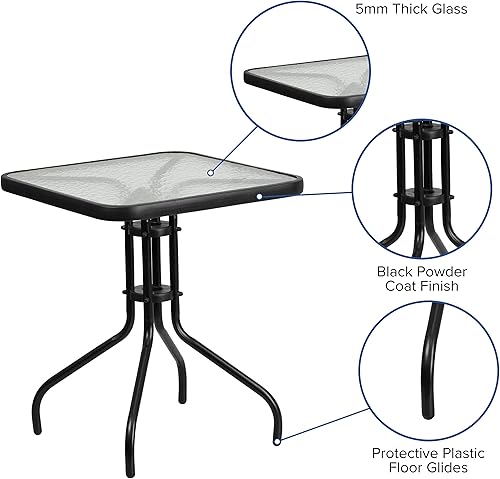 Miniatura 7 de Flash Furniture Lila - Juego de 2 sillas apilables de ratán negro para interiores y exteriores y mesa cuadrada de metal de vidrio templado Barker de