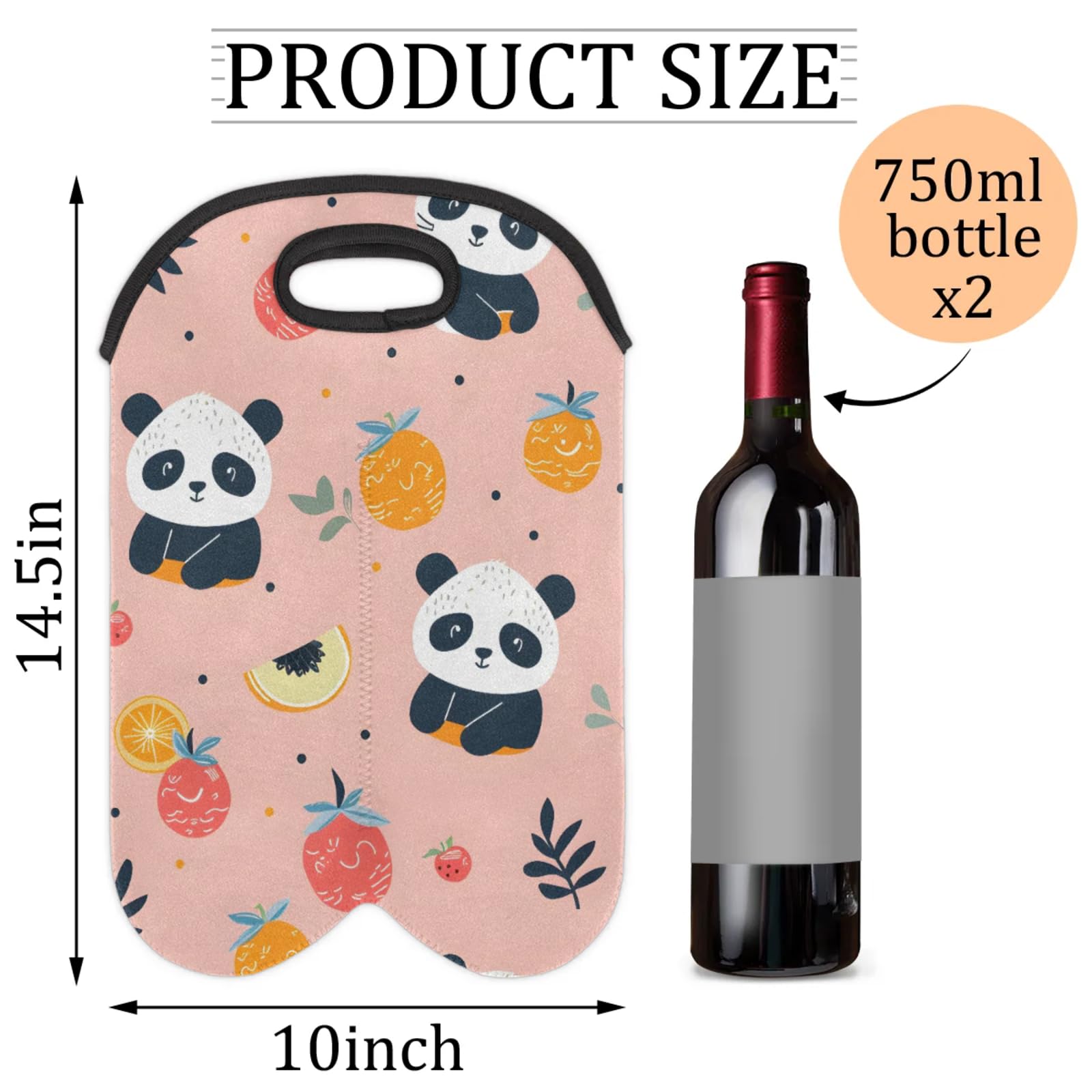 GzLeyigou 2 Bottles Panda and Fruit Wine Bag Sleeve Totes Neoprene Protective Wine Carrier Bag for Wine,Water, Champagne, Beer, Baby Bottles,Gift 14.5 x 10 Inches