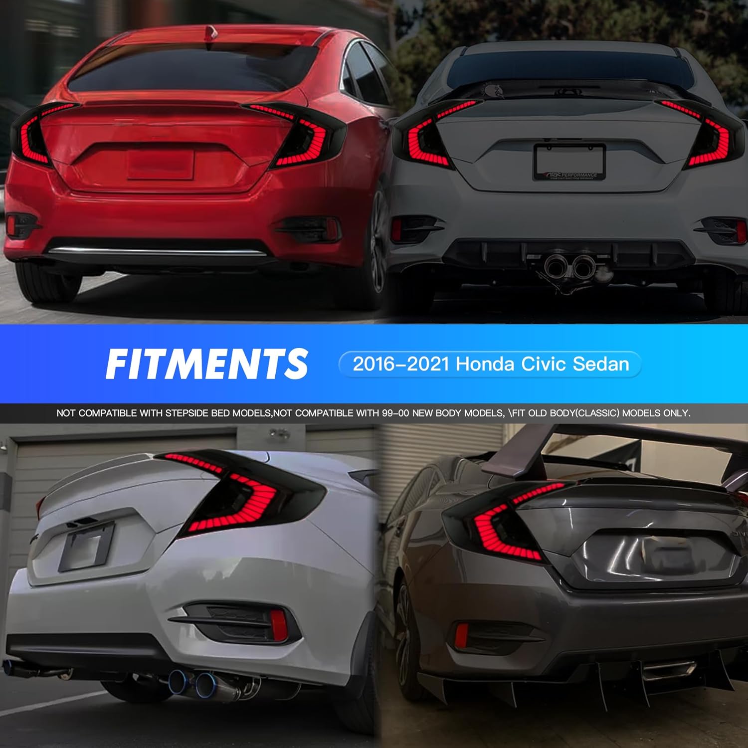 Full LED Tail Lights Replacement for 2016-2021 Honda Civic 10th Gen Start Up Dynamic Animation Rear Lamps Assembly Smoke Lens 1 Pair of Tail Lights