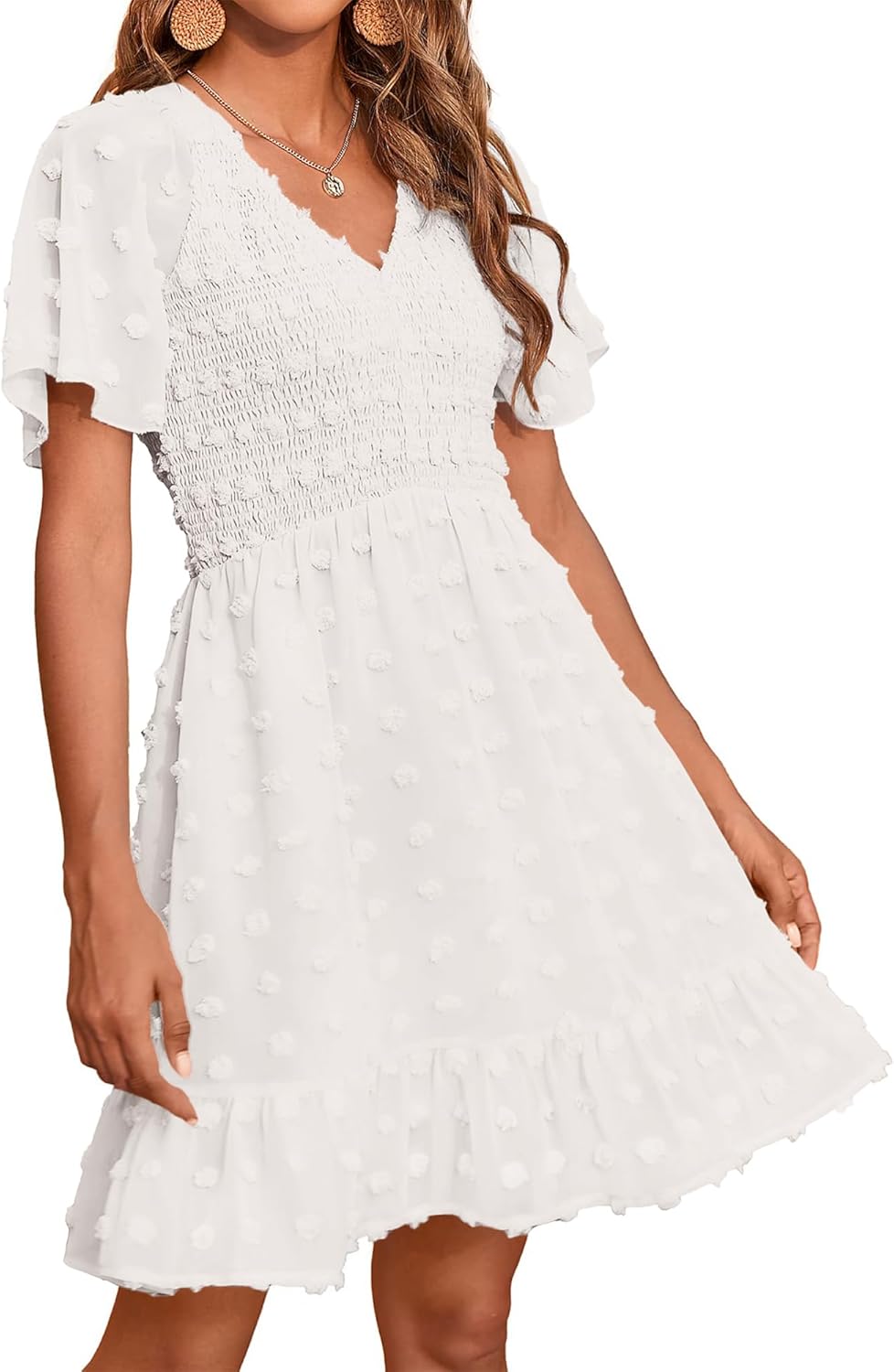 BTFBM Womens Beach Vacation Dress Summer 2025 V Neck Short Sleeve Smocked Swiss Dot Cute Ruffle Casual Fall Mini Dresses