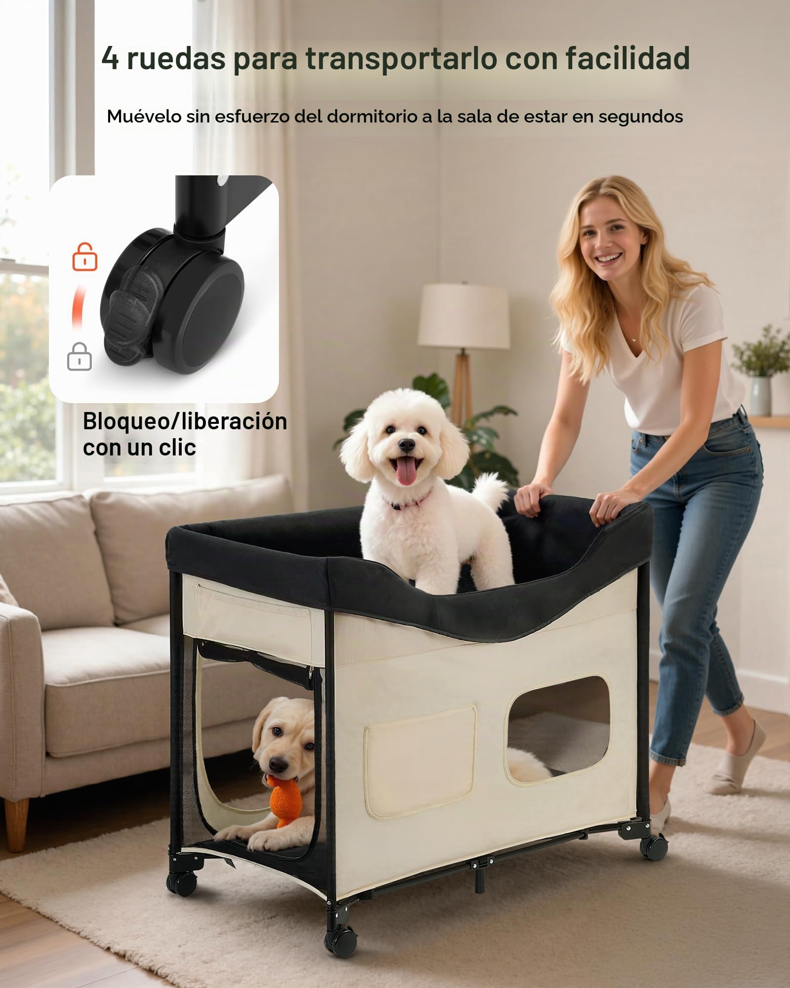 VEVOR Cama Elevada para Perros 1020x590x875 mm Litera Plegable para Perros de 2 Niveles con Tela Oxford 600D y Terciopelo Holandés Carga de 45 kg con Ruedas y Bolsa de Transporte, Talla XL, Beige