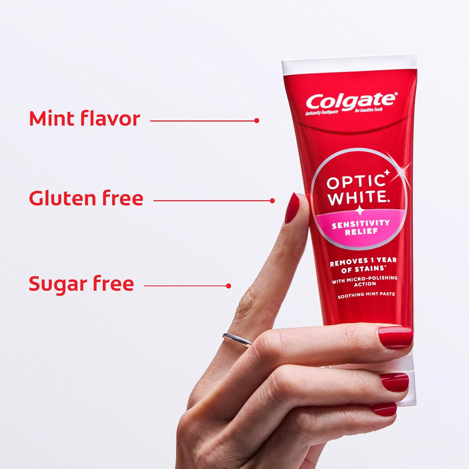 Colgate Optic White Sensitivity Relief Teeth Whitening Toothpaste, 3 Pack, Anticavity Toothpaste for Sensitive Teeth, Fluoride, Enamel Safe, Soothing Mint Flavor, 3.8 OZ