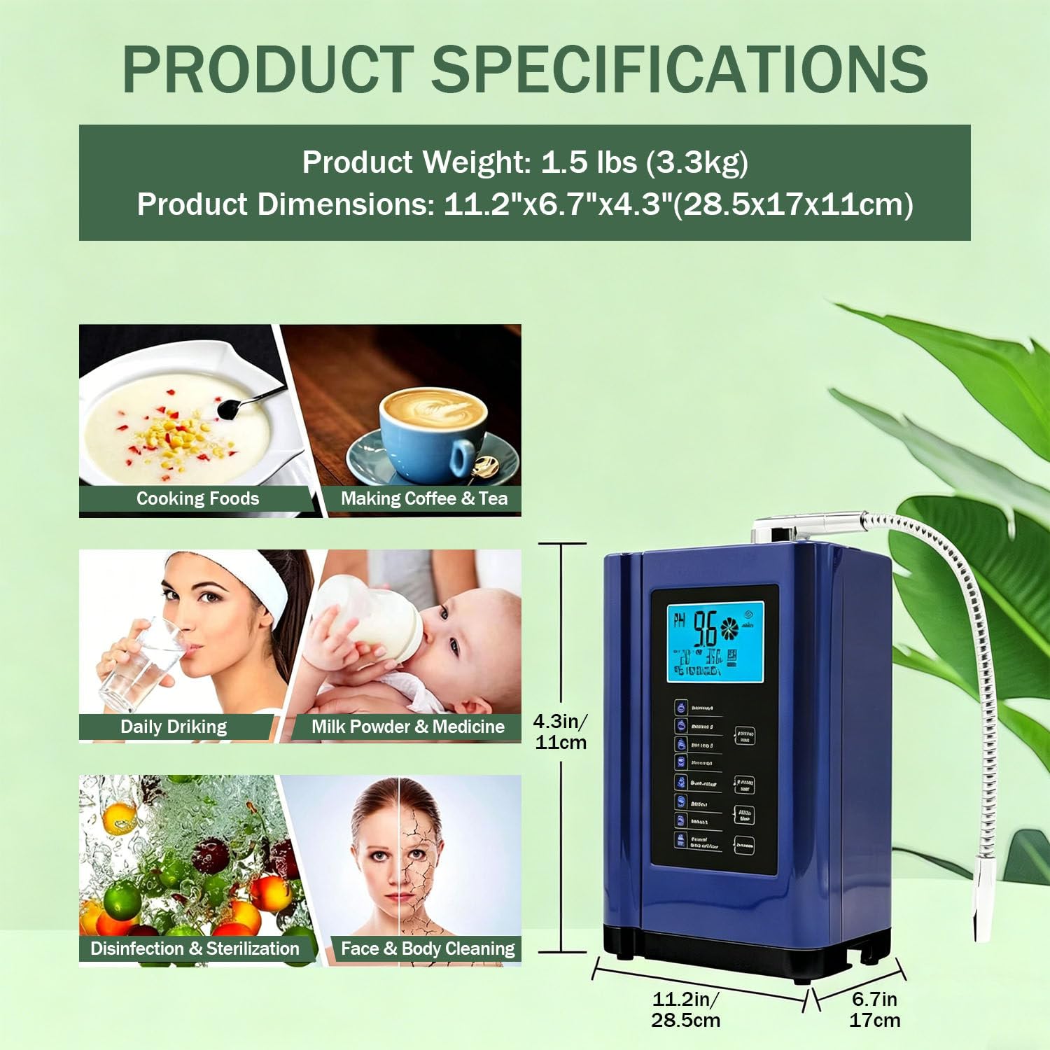 Ionizzatore d'acqua alcalina, meccanismo di filtrazione domestico che produce acqua con pH da 3,5 a 10,5, ORP fino a -500 mV, 7 impostazioni dell'acqua, 8000 litri per filtro, autopulizia Silver