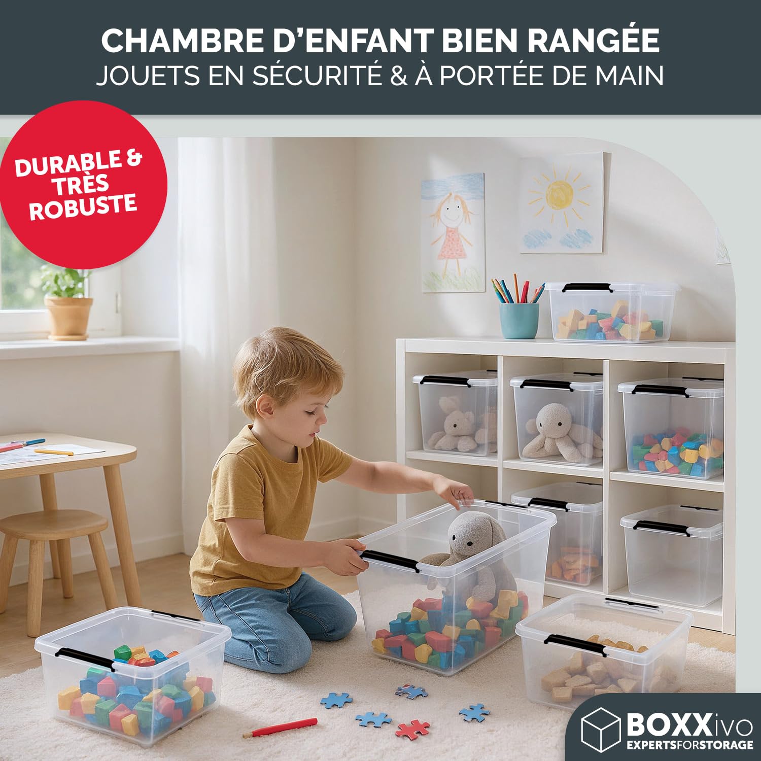 Boîtes de rangement avec couvercle 40 L - Lot de 2 – boîtes de rangement sans BPA et compatibles alimentaire – caisses de rangement avec couvercle