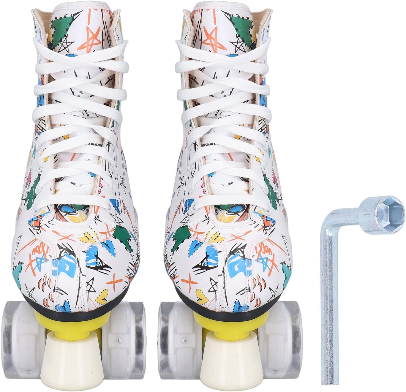 Womens Roller Skates,Double Row 4 Wheel Roller Skates, White Graffiti Roller,Indoor Outdoor Skates Skating Shoes for Kids and Adults