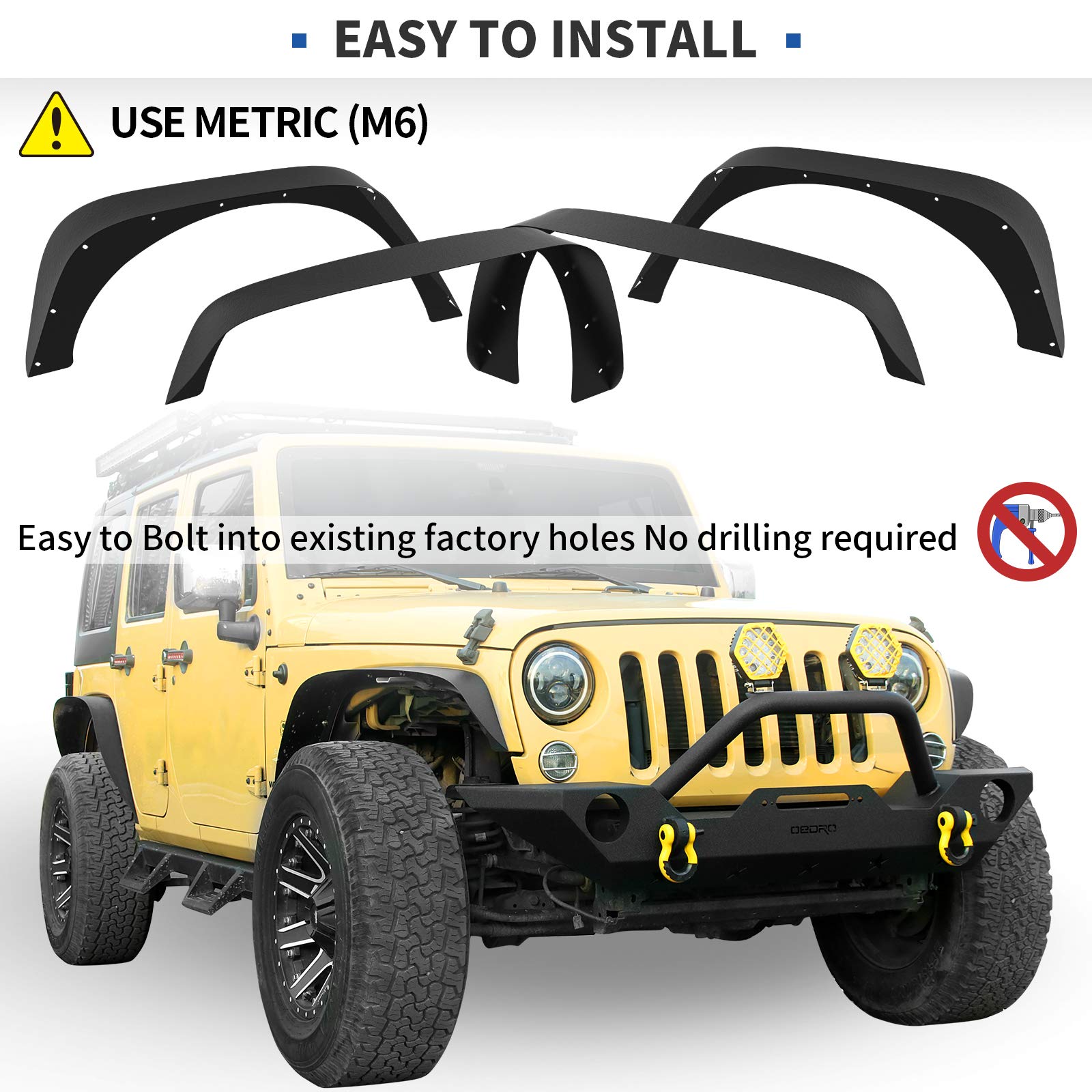 oEdRo Flat Front & Rear Fender Flares Compatible with 20072018 Jeep