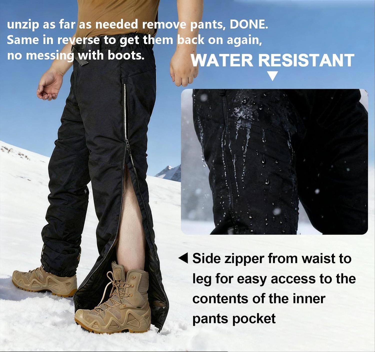 Men’s Thermal Tactical Pants Snow Ski Hiking Pants Water-Resistant Warm Winter Windproof Cargo Pants with Side Zipper - Image 6