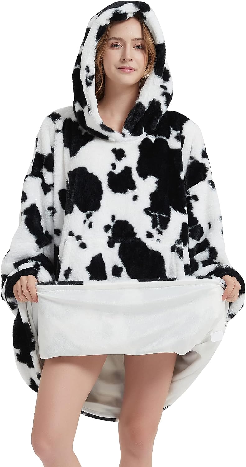 softan Blanket Hoodie, Oversized Wearable Blanket for Adult Men Women, Super Cozy Warm and Soft Hooded Blanket Sweatshirt, Cow Print Faux Fur Blanket Sweatshirt with Large Pocket, One Size Fits All