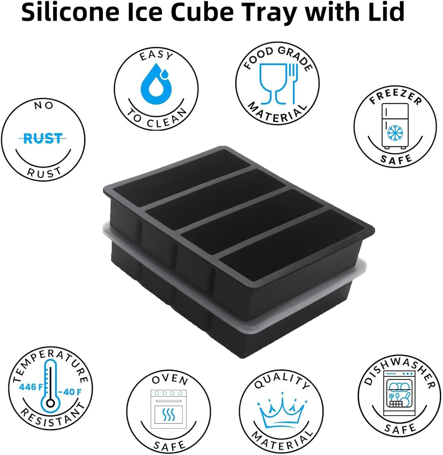 Large and Long Ice Cube Tray 4 Pack Silicone Freezing Container Sticks with Lid for Whiskey, Water Bottle, Food Leftovers and Baking(Black)