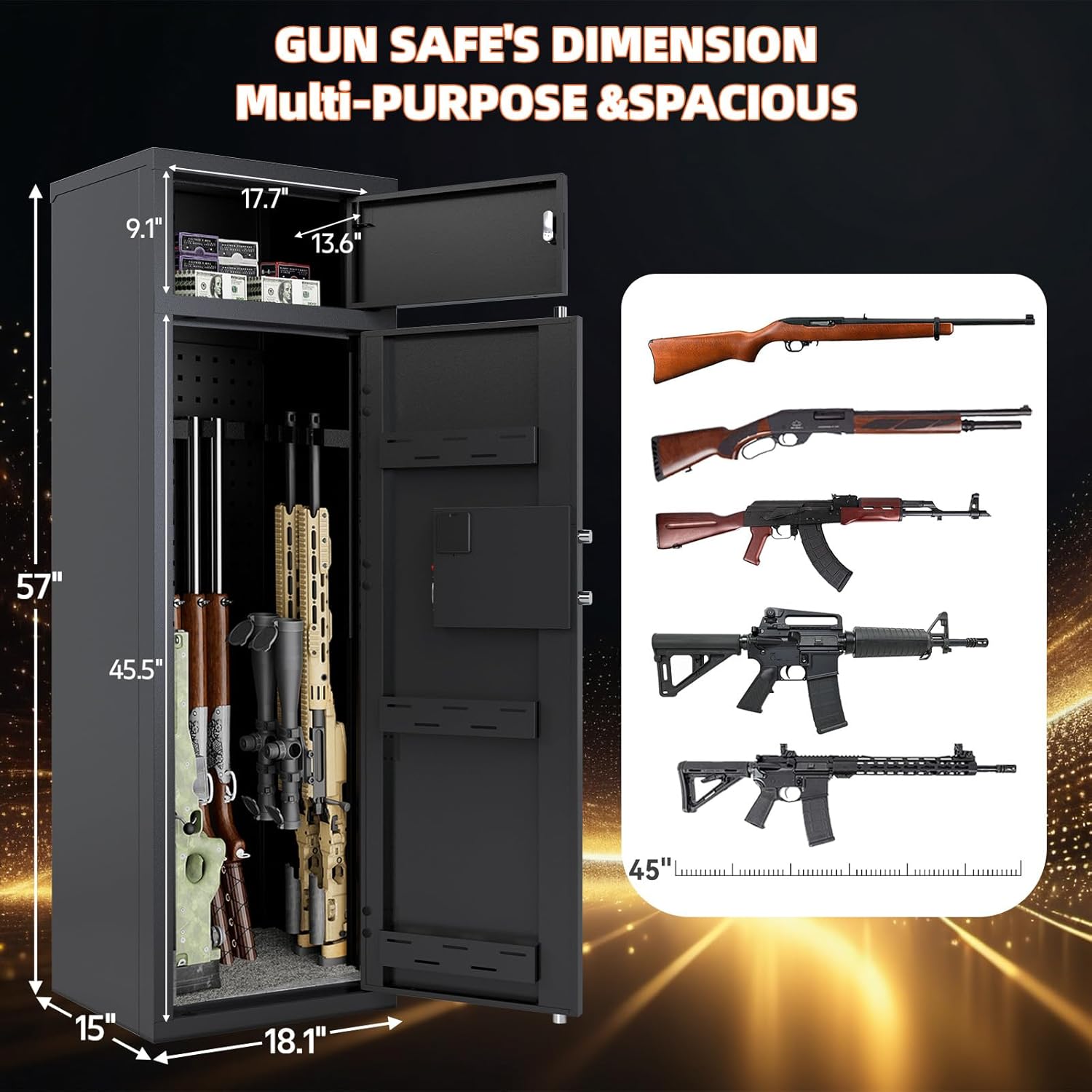 KAER 12 Gun Safe, Heavy Duty Gun Safe for Rifles and Pistols, 3 Ways Quick Access Gun Cabinet, Adjustable Rifle Safe, Intelligent Alerts Gun Locker with Digital Keypad, Spare Key, External Battery Box