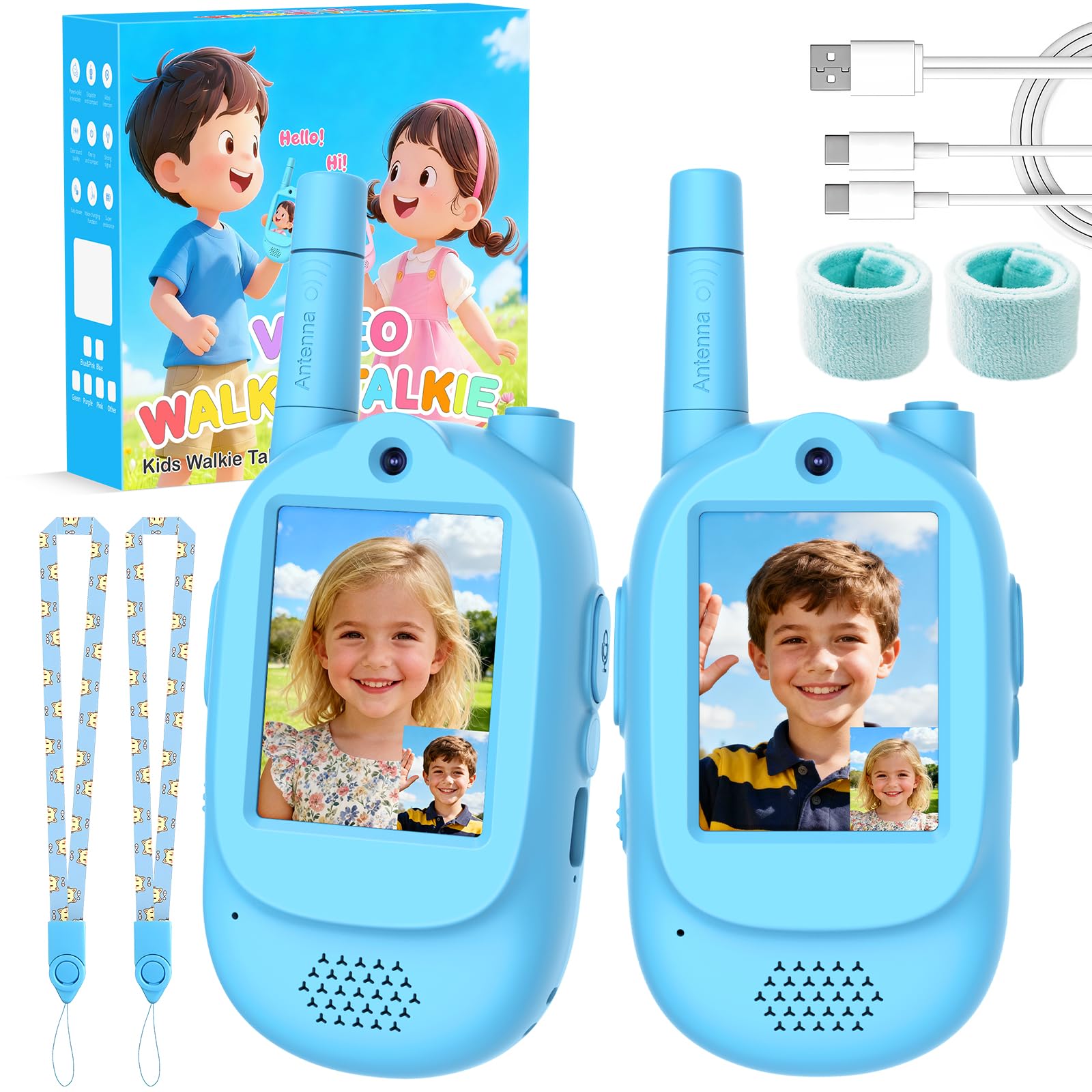 Video Walkie Talkies for Kids, 2 Pack Rechargeable Real-Time Video Chat & Voice Changer Walkies Talkies with Watch Straps, Long Range Family Games,