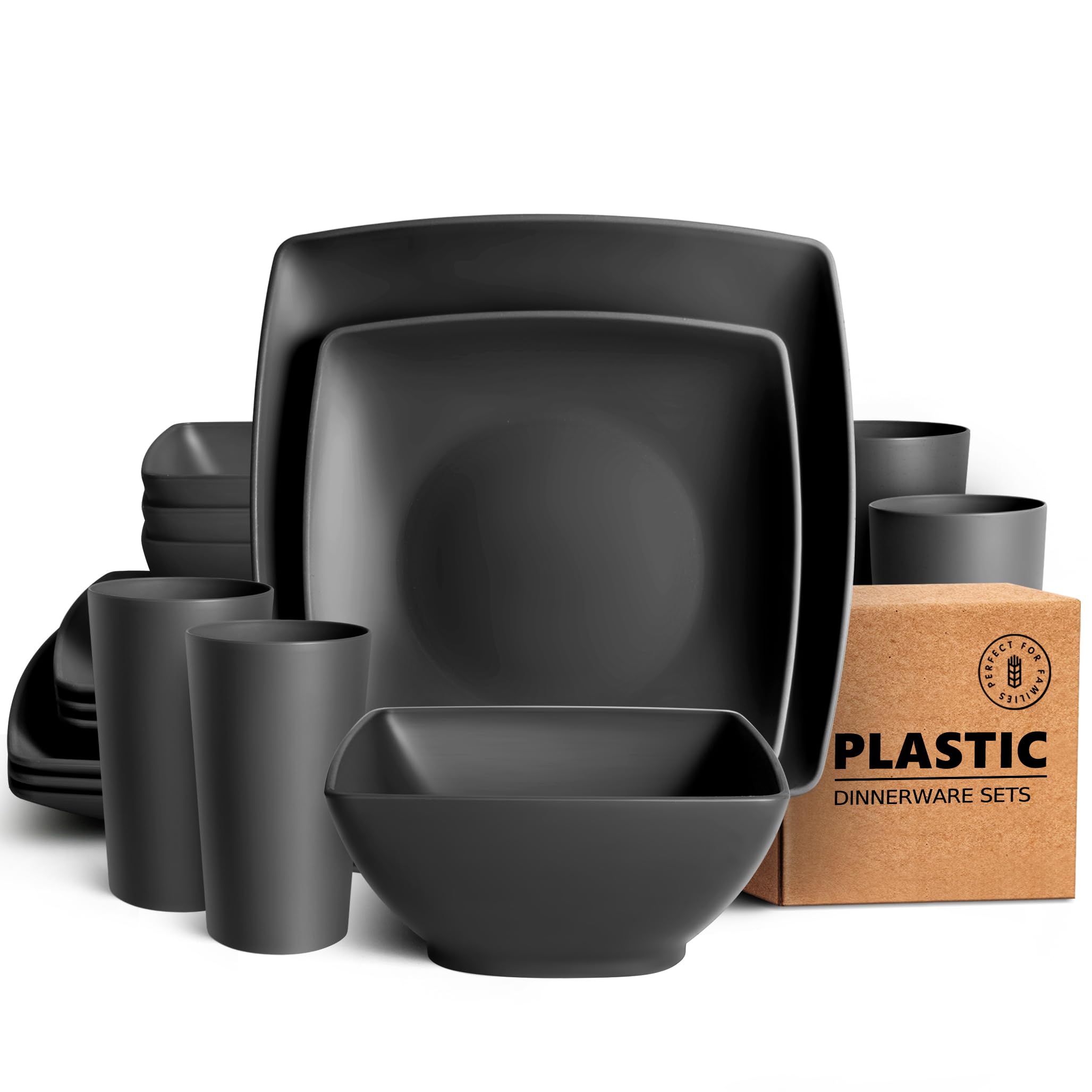 Teivio 16 Piece Kitchen Reusable Plastic Square Dinner Set Service