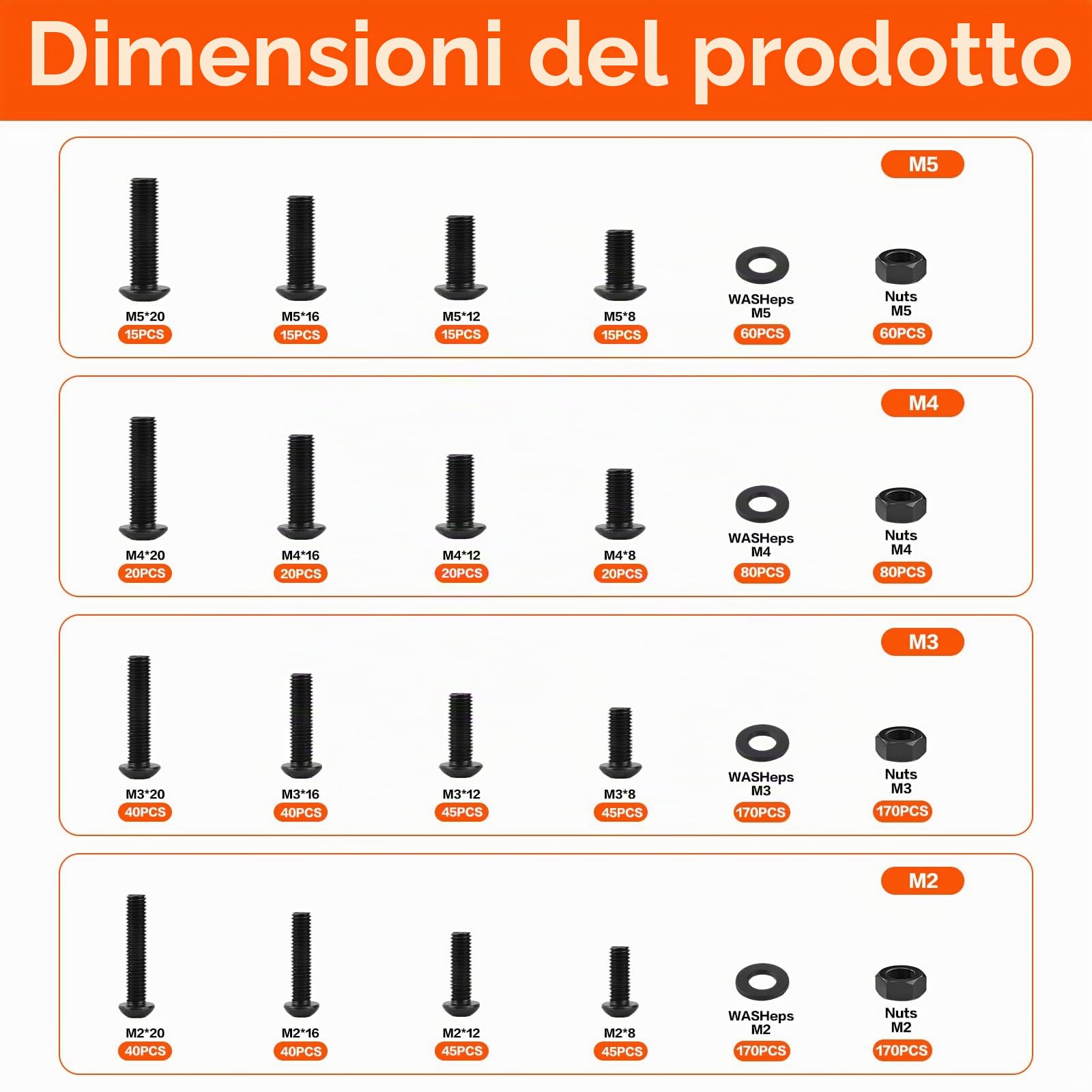 1440 PzViti M2 M3 M4 M5, Assortimento di Bulloni e Dadi, Set di Viti a Testa Cilindrica con Esagono Incassato, Kit di Bulloni Testa Tonda con Rondelle, set di Viti per Macchine Nere