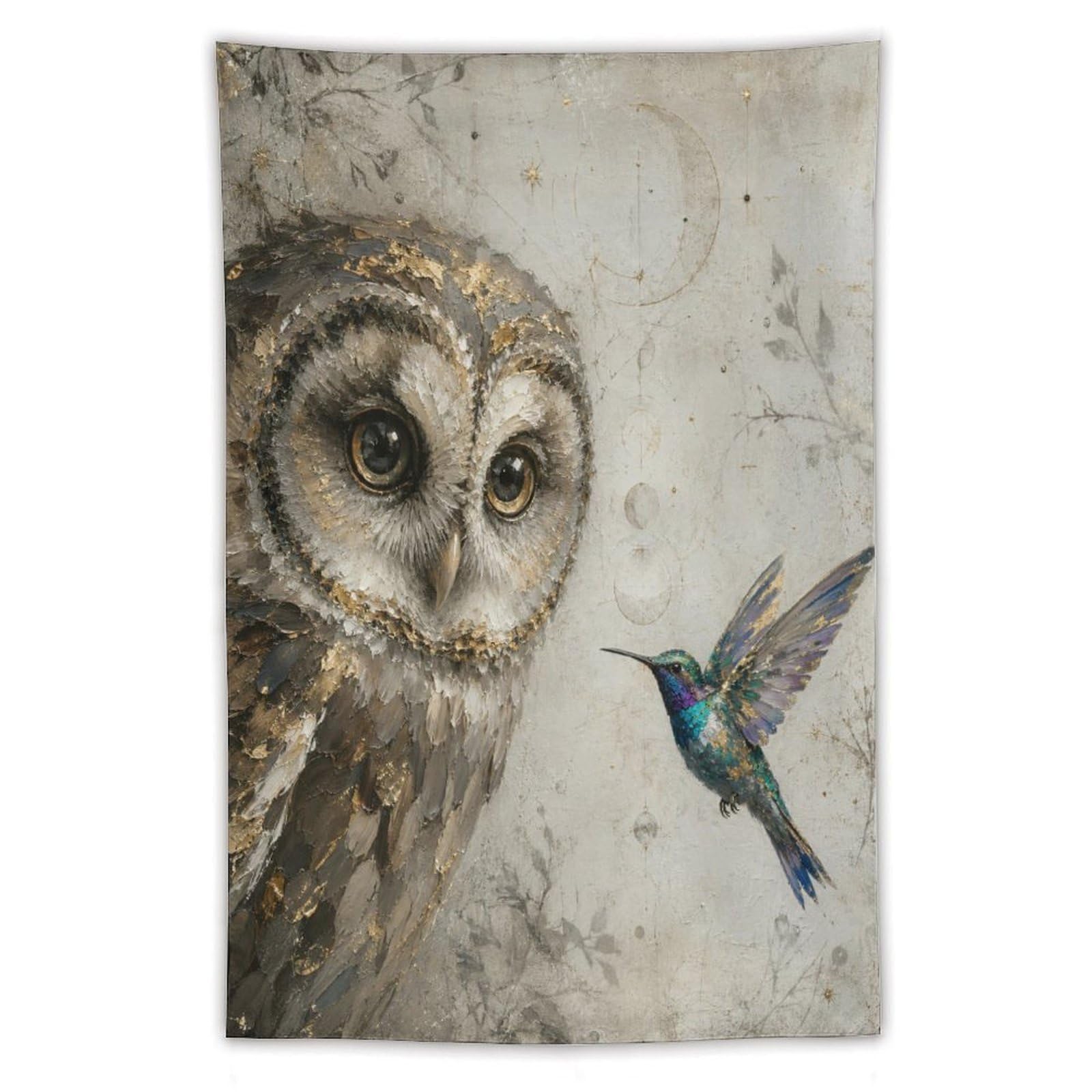 W7C8U2X3 Owl and Hummingbird Wall Tapestry, Oil Painting, Living Room