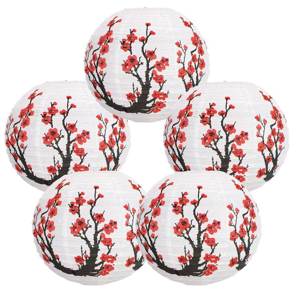 16-Inch Red Cherry Blossom Paper Lanterns (10-Pack) | Large Japanese/Chinese Paper Lanterns for Parties, Weddings, Home Decor, Restaurants, Chinese New Year & Hanami Spring Festival