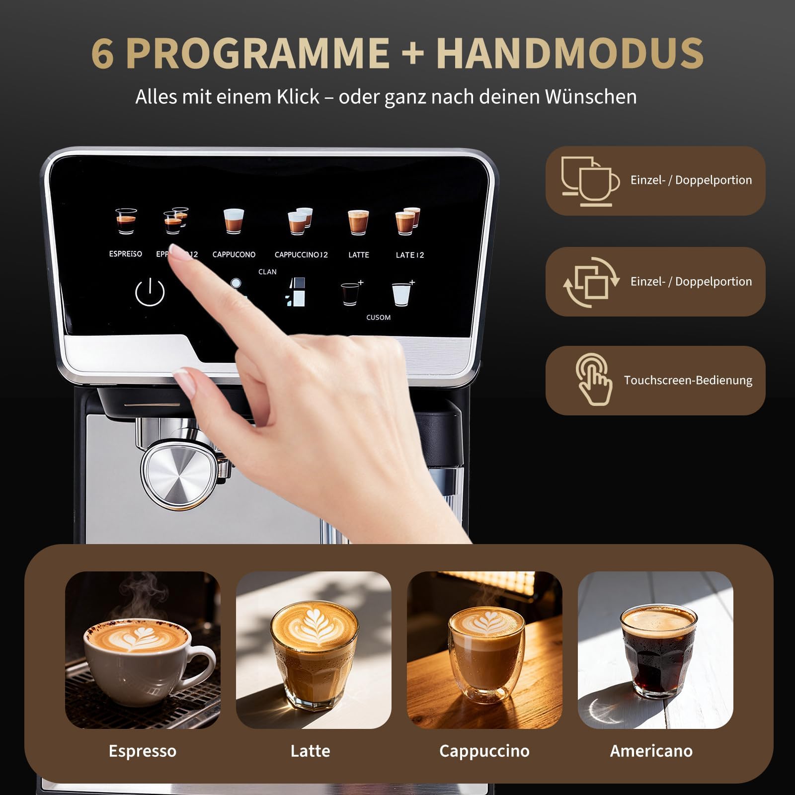 Siebträgermaschine 20 Bar Mit Doppelboiler, Auto-Milchaufschäumer & Selbstreinigung, 1450W Espressomaschine Mit 2L Wassertank & 500ml Milchtank, 6 Programmen & Handmodus Für Cappuccino Latte Espresso