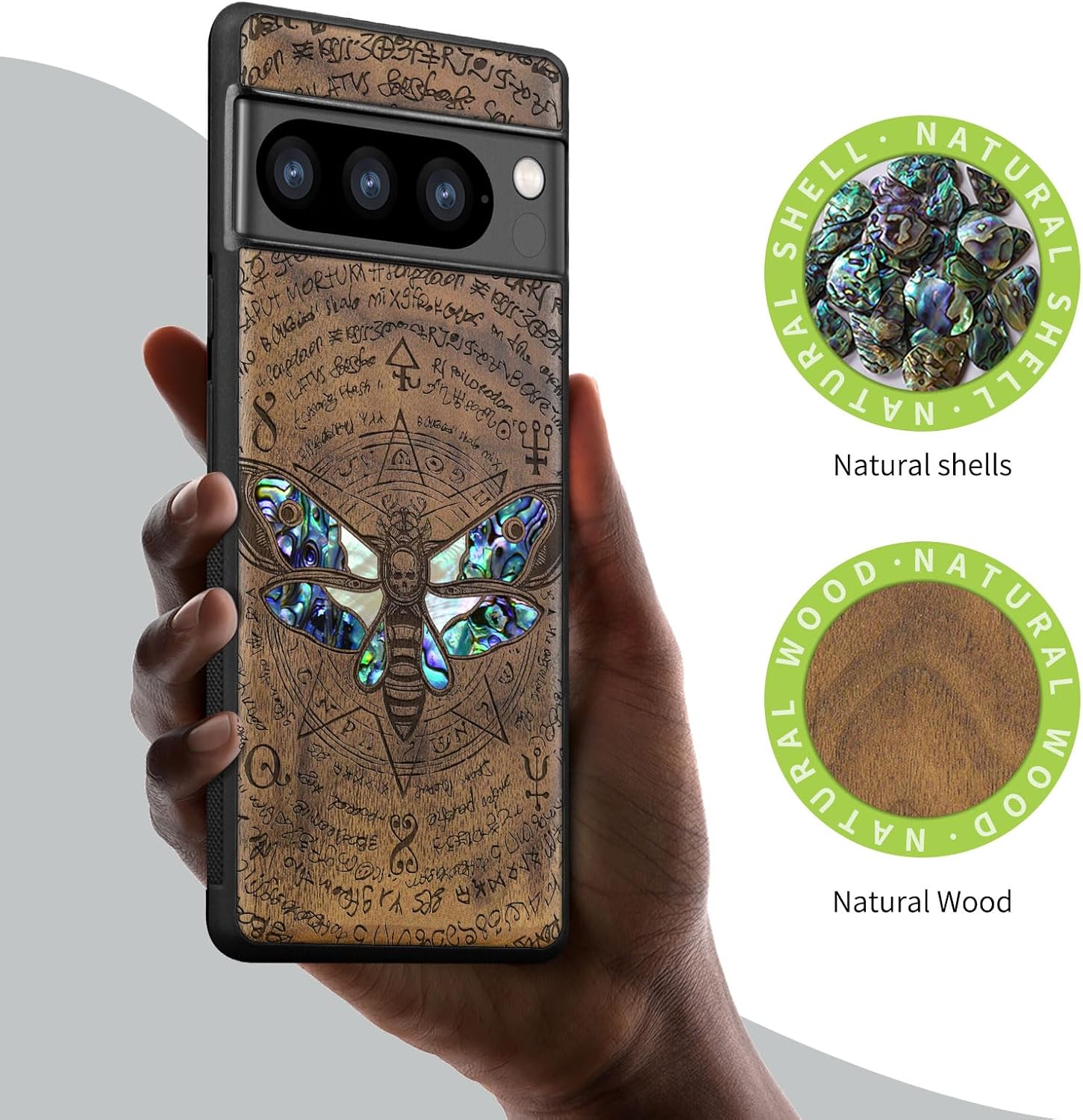 Carveit Designer Wooden Case for Google Pixel 8 Pro Case Cover [Wood Engraving & Shell Inlay] Compatible with Wireless Chargers Pixel 8 Pro (Death's Head Moth-Walnut)