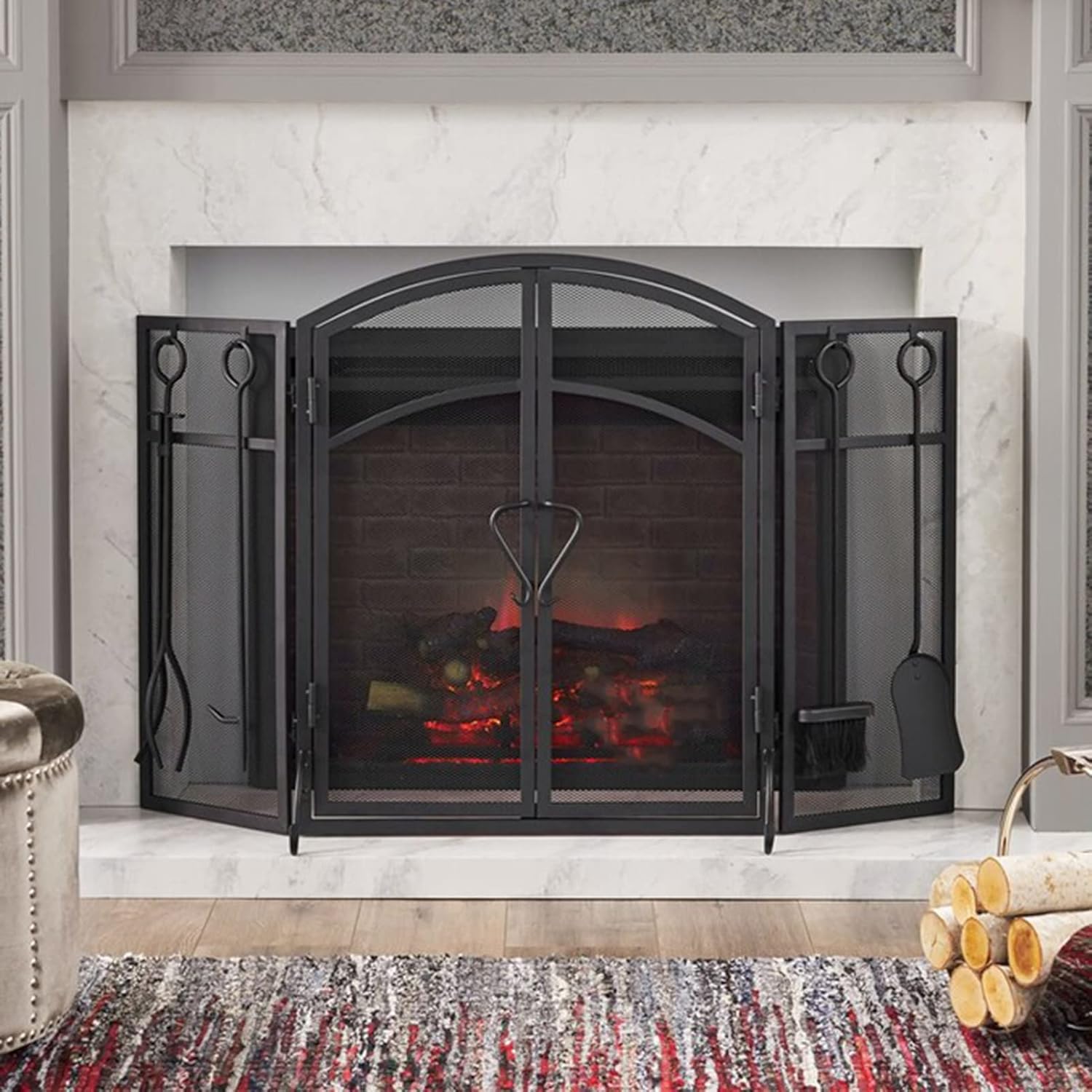 ROYUMI Heavy Duty Fireplace Screen with Hooks, Fireplace Cover Guard