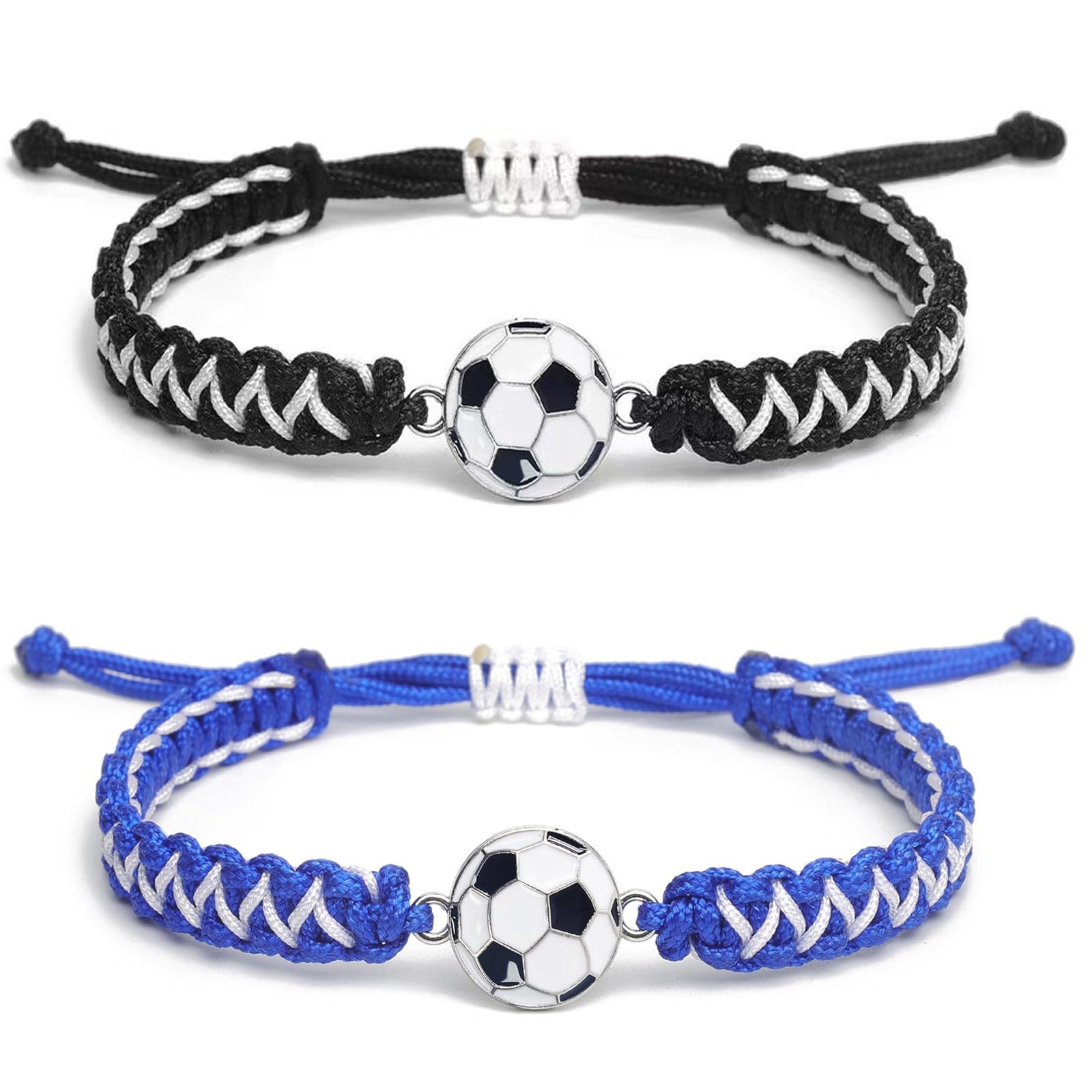 Lot de 2 Bracelets Football Tressés pour Garçon et Enfant, Bracelet d'Amitié Sport Ajustable (14-28cm), Idée Cadeau Anniversaire Footballeur et Supporter, Noir/Blanc et Bleu/Blanc