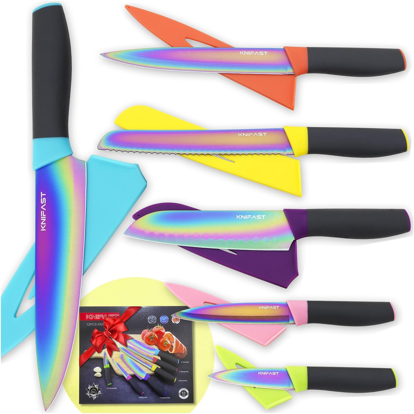Kitchen Knife set Rainbow Titanium Coated - 12 Pcs Knife Set with Blade Guards, Dishwasher Safe, Razor Sharp German Stainless Steel Blade and Comfortable Handle