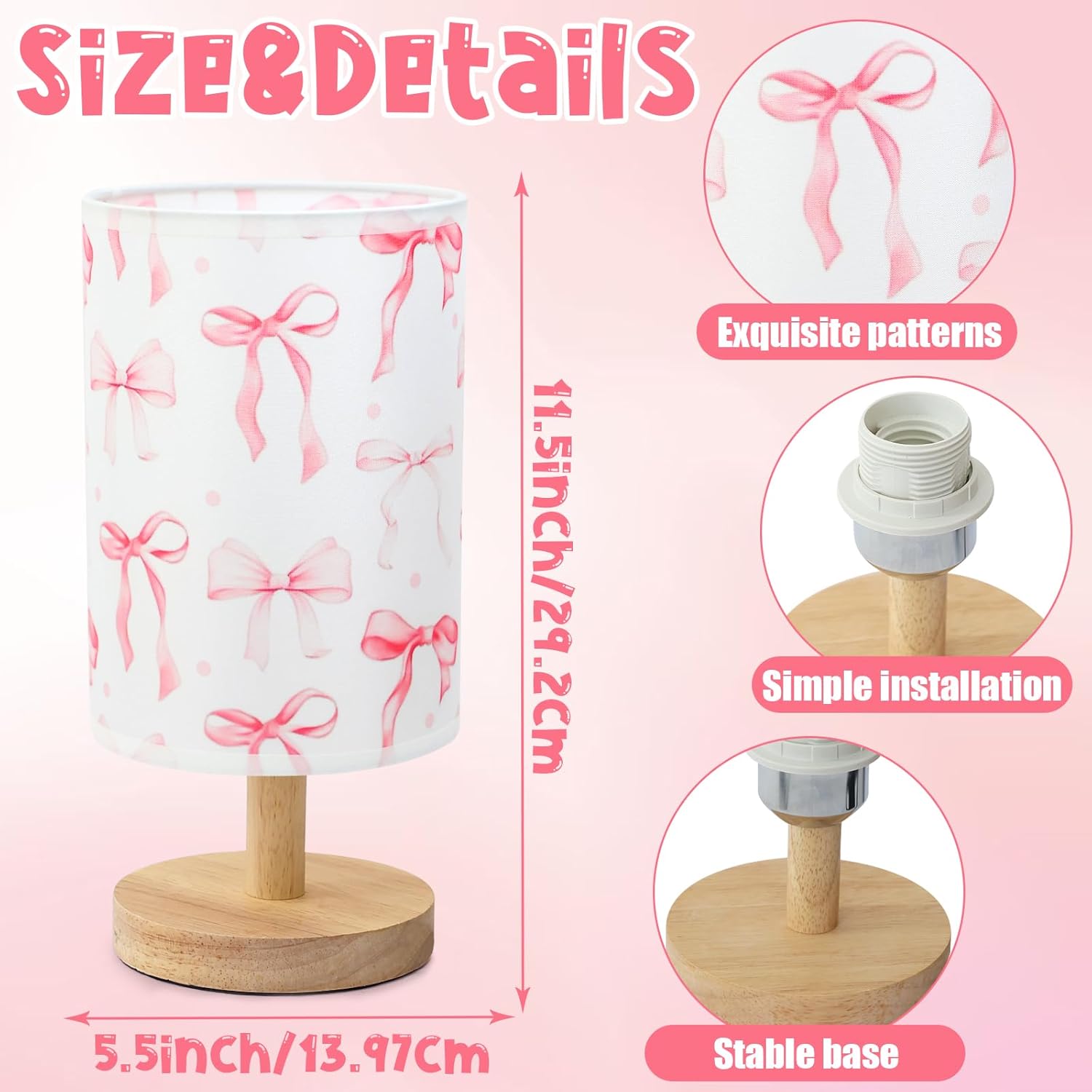 Kids Table Lamp for Bedroom Kids Bedside Lamp with Linen Wooden Nightstand Cartoon Nursery Lampshade for Boys Girls Room Decor (Pink Bow)