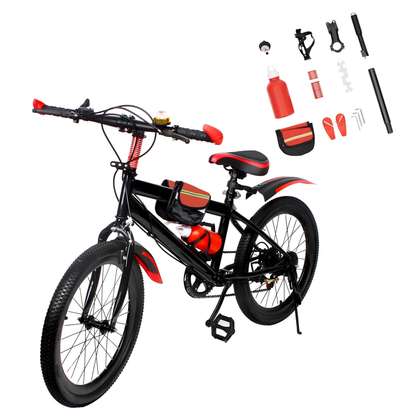 Vélo VTT 20 pouces, 7 vitesses pour garçons et filles avec gourde, sac de rangement, cloche de boussole, vélo en acier au carbone, capacité de charge : 85 kg