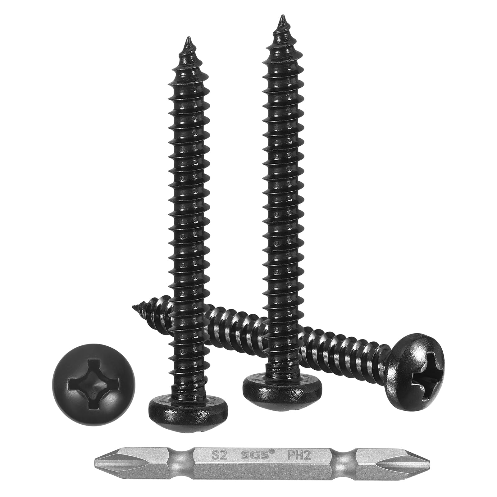 METALLIXITY Phillips Pan Head Self Tapping Screws(#8x1-1/2") 125Pcs, 304 Stainless Steel Self Drilling Screw for Metal Wood Plastic with Bit, for Cabinet Wall Shutter Plate Furniture, Black