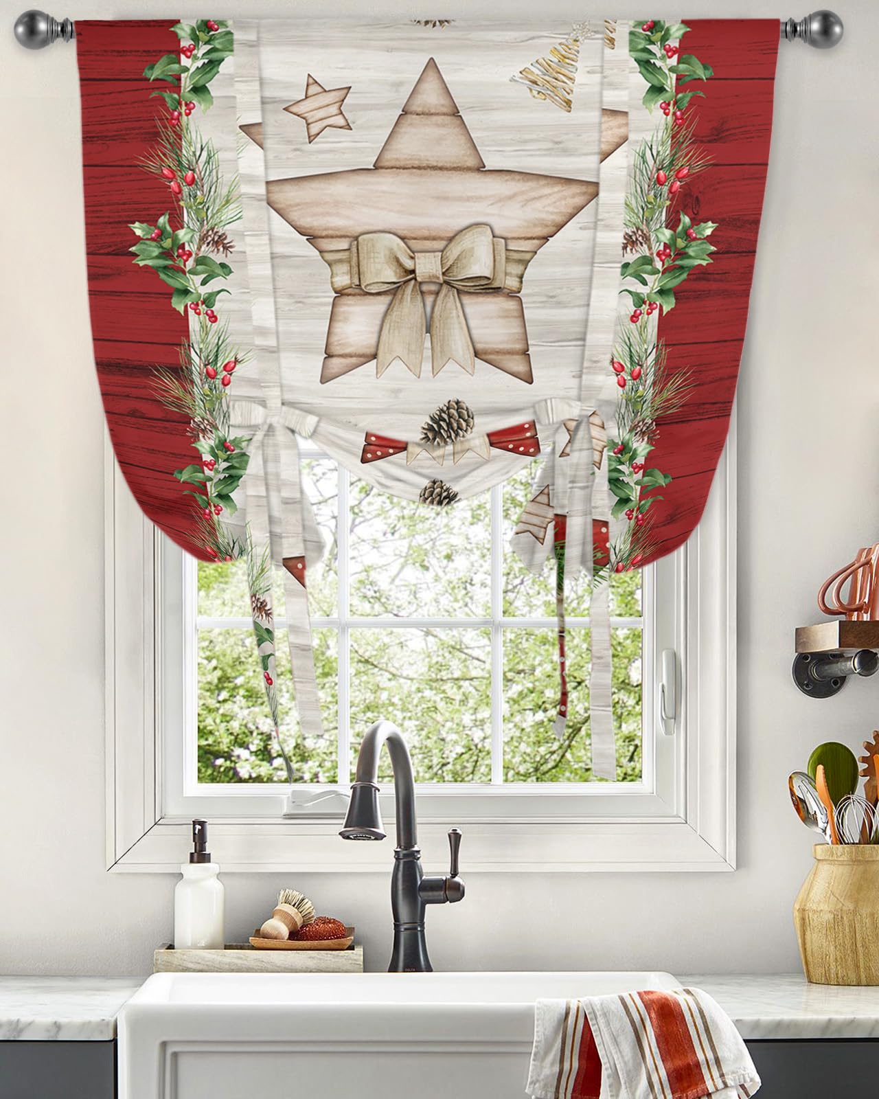 Tie Up Curtain for Windows,Christmas Pentagram Pine Cones Berries Balloon Rod Pocket Curtains Adjustable Tie-up Shade Valance for Kitchen Bedroom,Red Retro Wood Grain Window Treatment 1 Panel 42x45in