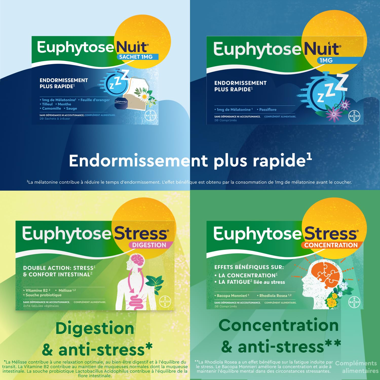 EuphytoseStress Concentration - Complément alimentaire - Bacopa Monnieri - Rhodiola Rosea - Plantes adaptogènes - Stress, Difficulté de Concentration - 3 mois - 3x30 comprimés - Fabriqué en France