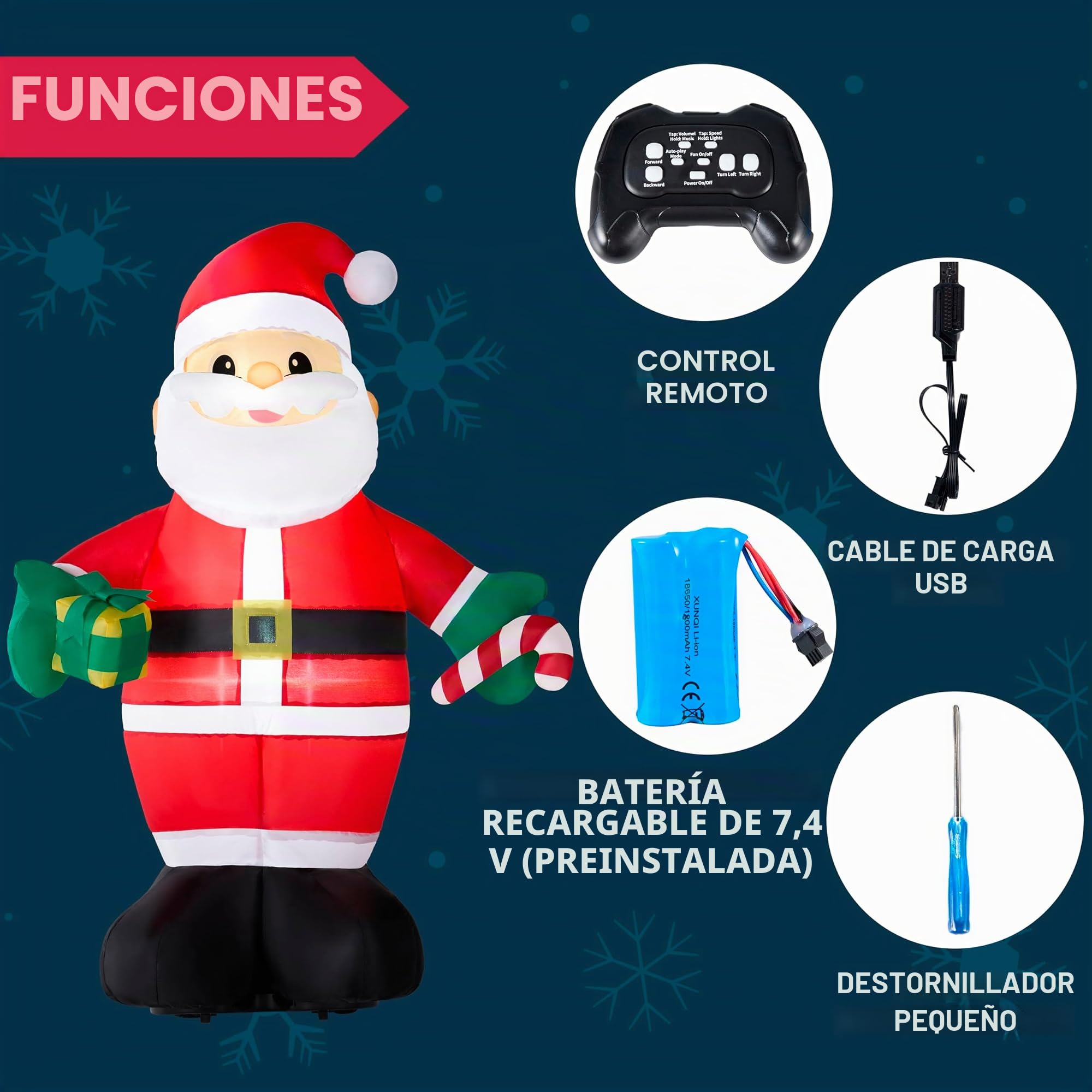 JOYIN Papá Noel inflable de Navidad de 3 pies de alto, Papá Noel inflable con control remoto con rotación de 360°, hacia adelante y hacia atrás, recargable para caminar con LED integrado y música para