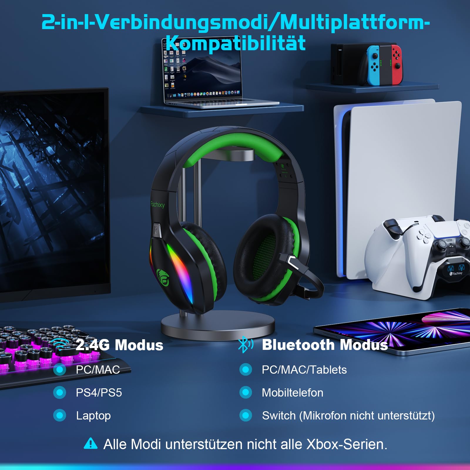 Fachixy「2025 Neu」FC100 Wireless Gaming Headset - 2.4GHz & Bluetooth Kopfhörer mit Mikrofon - 3D Stereo Sound & 40H+ Akkulaufzeit - Für PS4, PS5, PC, Mac, Tablets, Switch, Smartphones, schwarz-grün