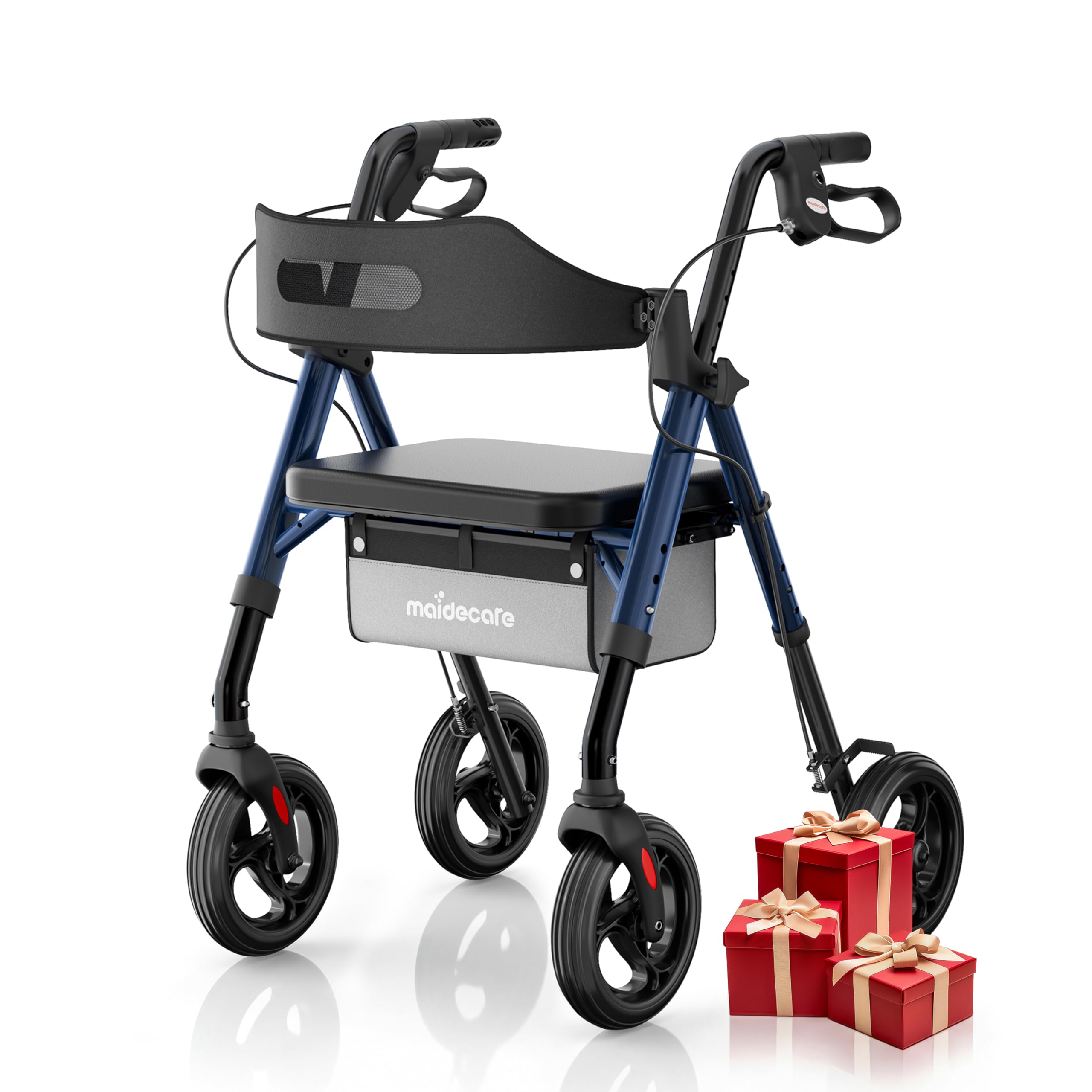 Andador para Ancianos con Asiento Plegable, Manillar y Asiento Regulables en Altura, Caminadores para Mayores, Ayuda para Caminar Ligera con Freno, Ruedas 8" Todoterreno, Azul Zafiro