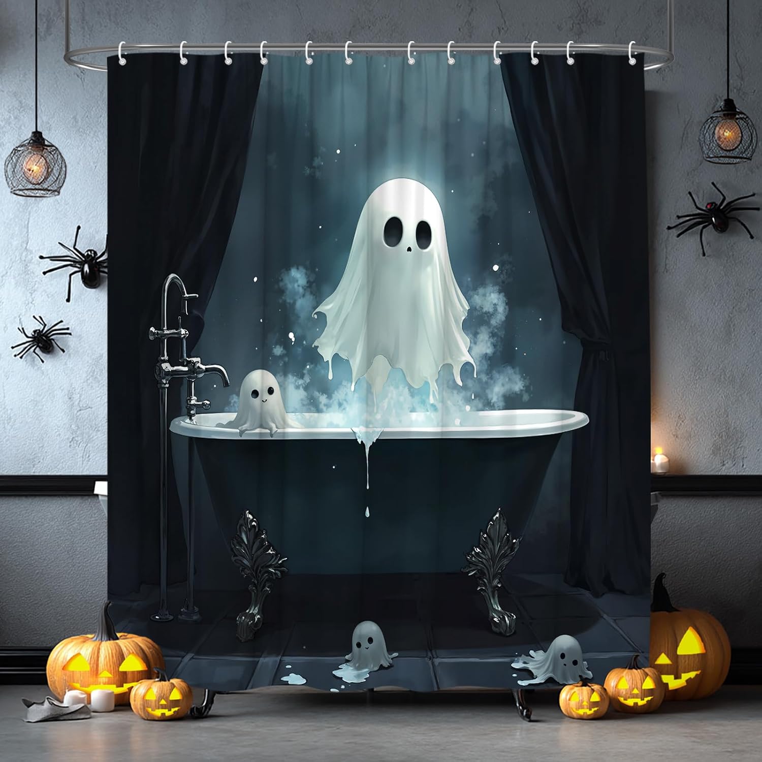 Ghost Shower Curtain Halloween Horror Spooky in Black Bathtub Gothic Scary Trick or Treat Bathroom Curtain Fabric with Hooks(84" Wx70 H)