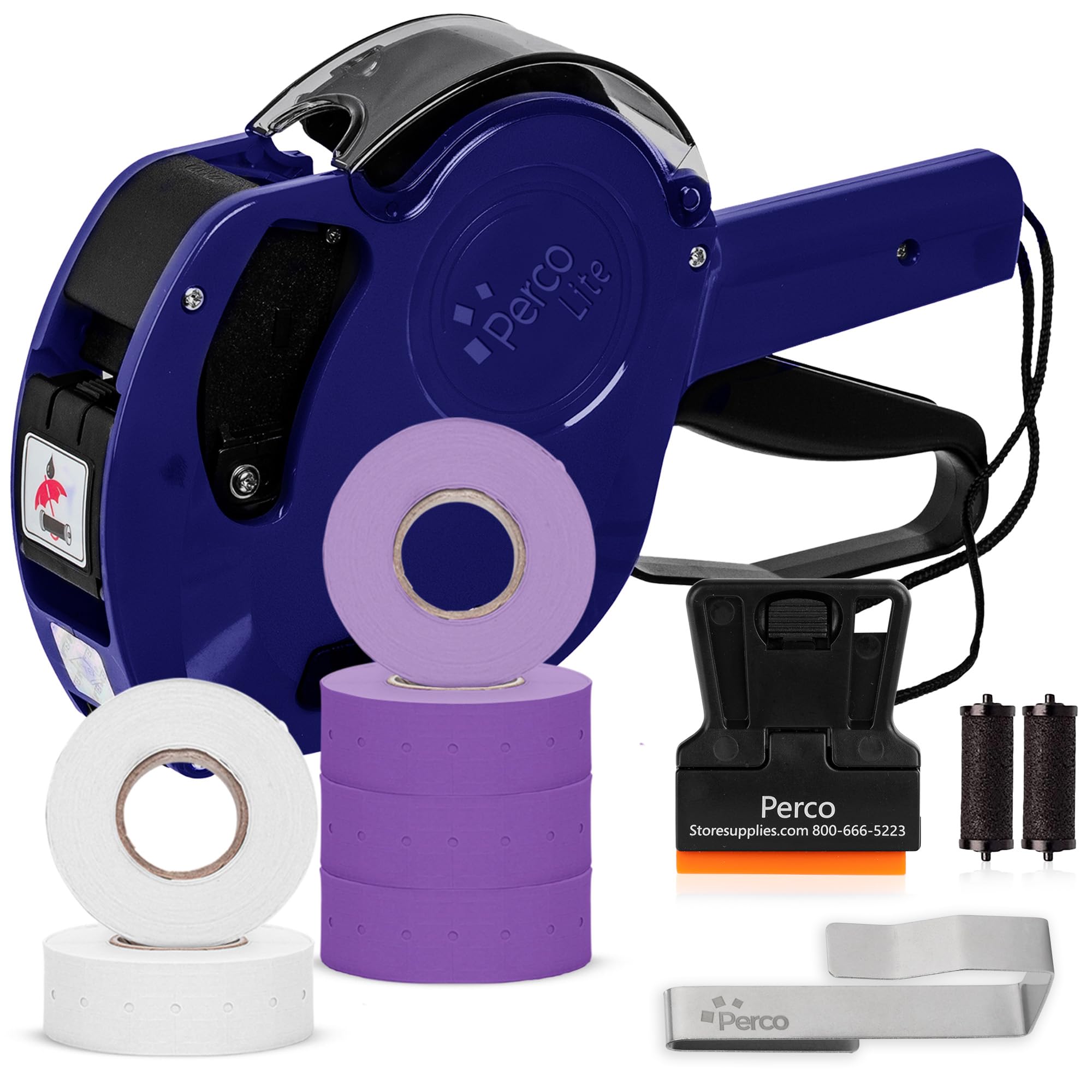Perco Lite - Pistola prezzatrice a 1 linea con kit di etichette, include 3 rotoli bianchi, 3 rotoli viola, 2 rulli di inchiostro, 1 rotolo di inchiostro ed etichette precaricate