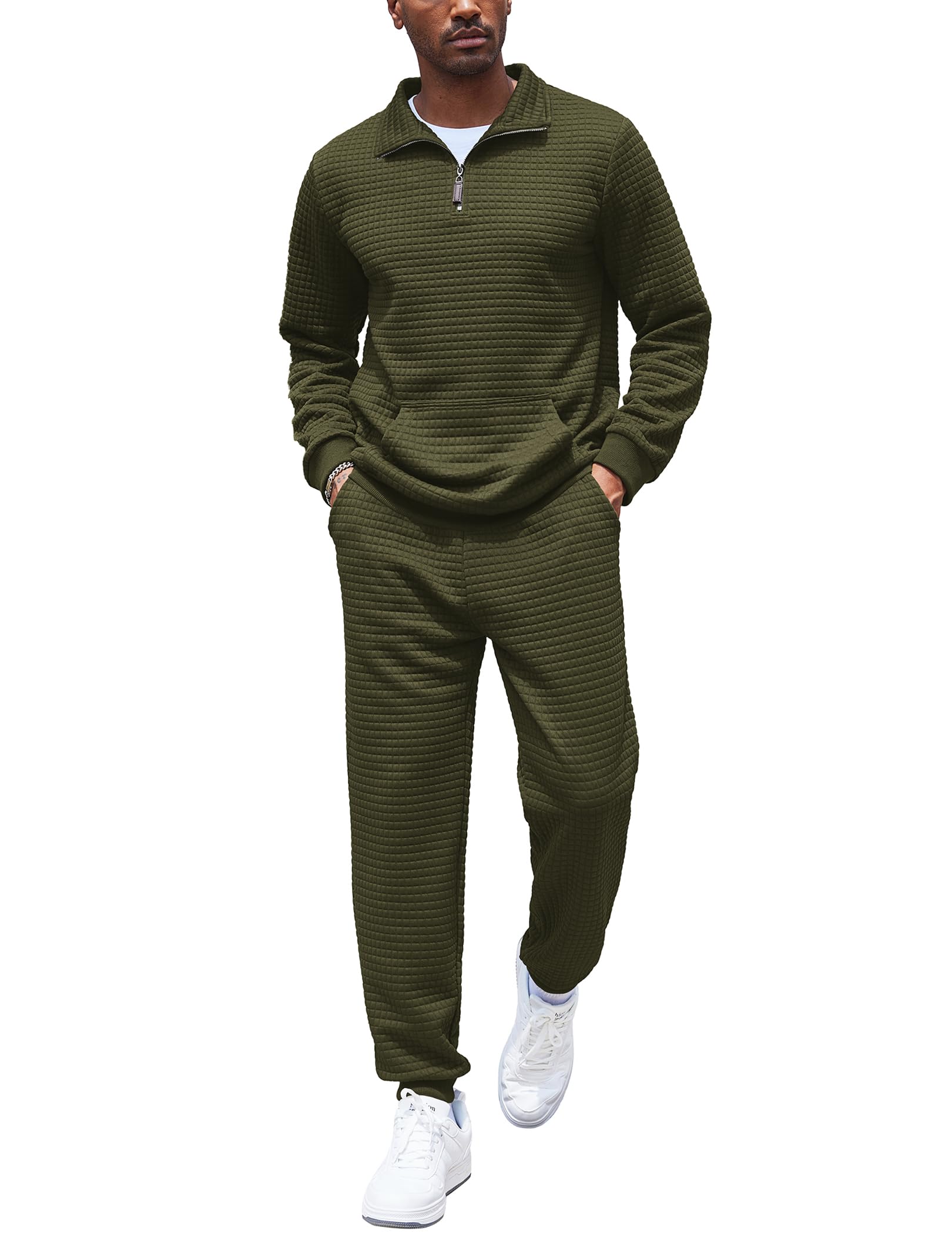 Men's Tracksuit 2 Piece Quarter Zip Sweatsuit Workout Plaid Jacquard Jogging Suit Set