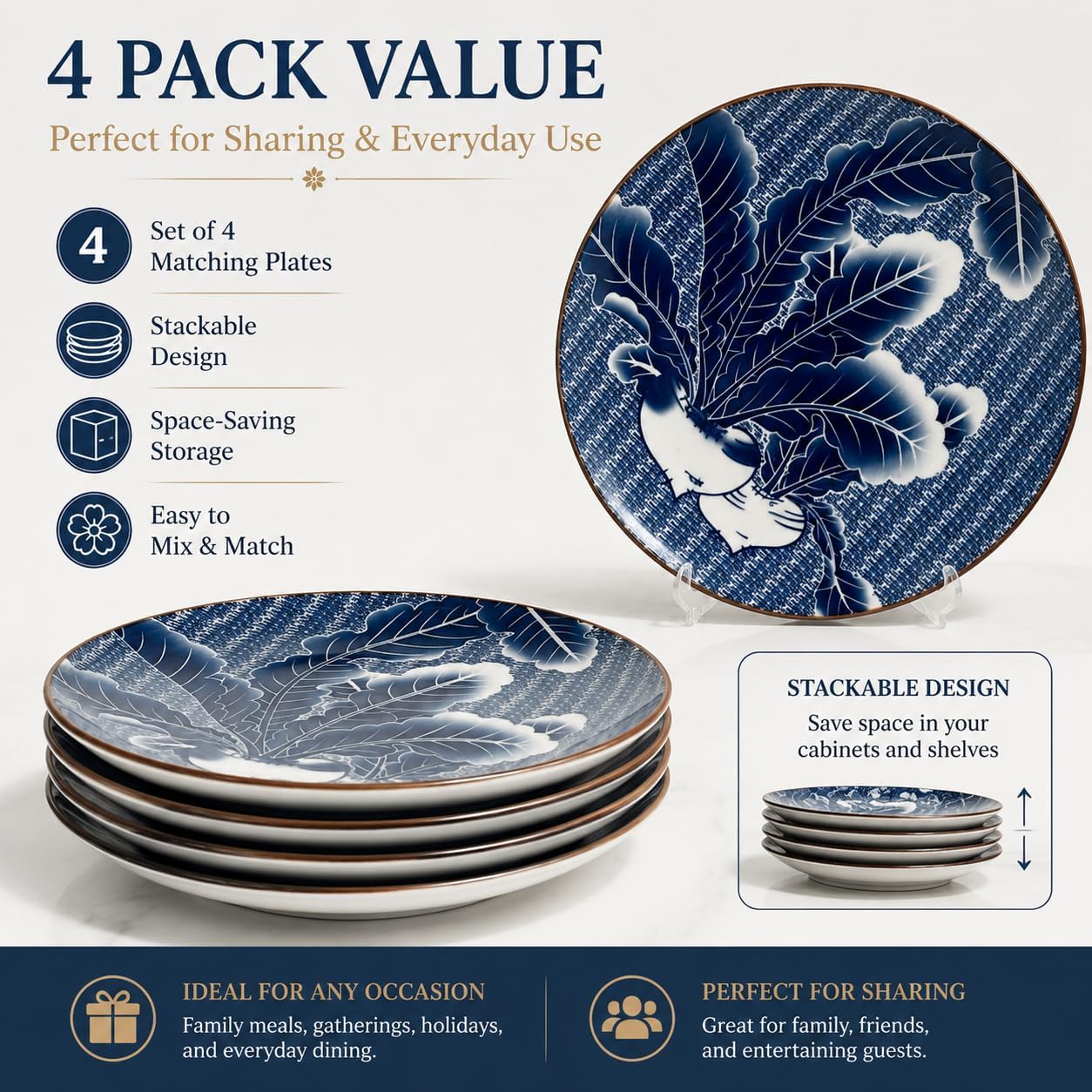 Small Ceramic Dessert Plates Set of 4, 7 Inch (13oz), Appetizer Plates for Sushi, Snacks, Fruit & Side Dishes, Japanese Blue and White Plates, Microwave & Dishwasher Safe, Floral Blue
