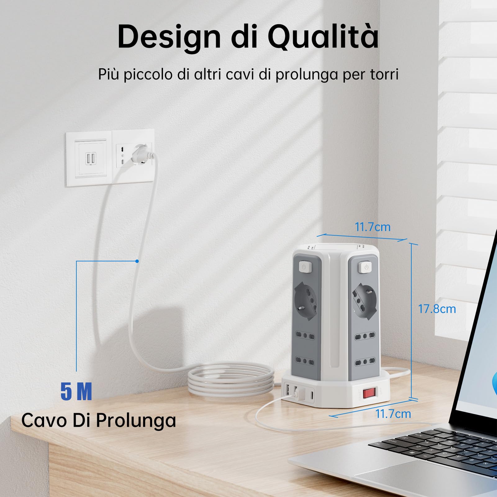 Regleta eléctrica multitoma de 5 metros con 12 tomas universales 10/16 A ITA y Schuko y 3 USB A+1 USB C protección Sobretensión con 4 interruptores independientes, blanco