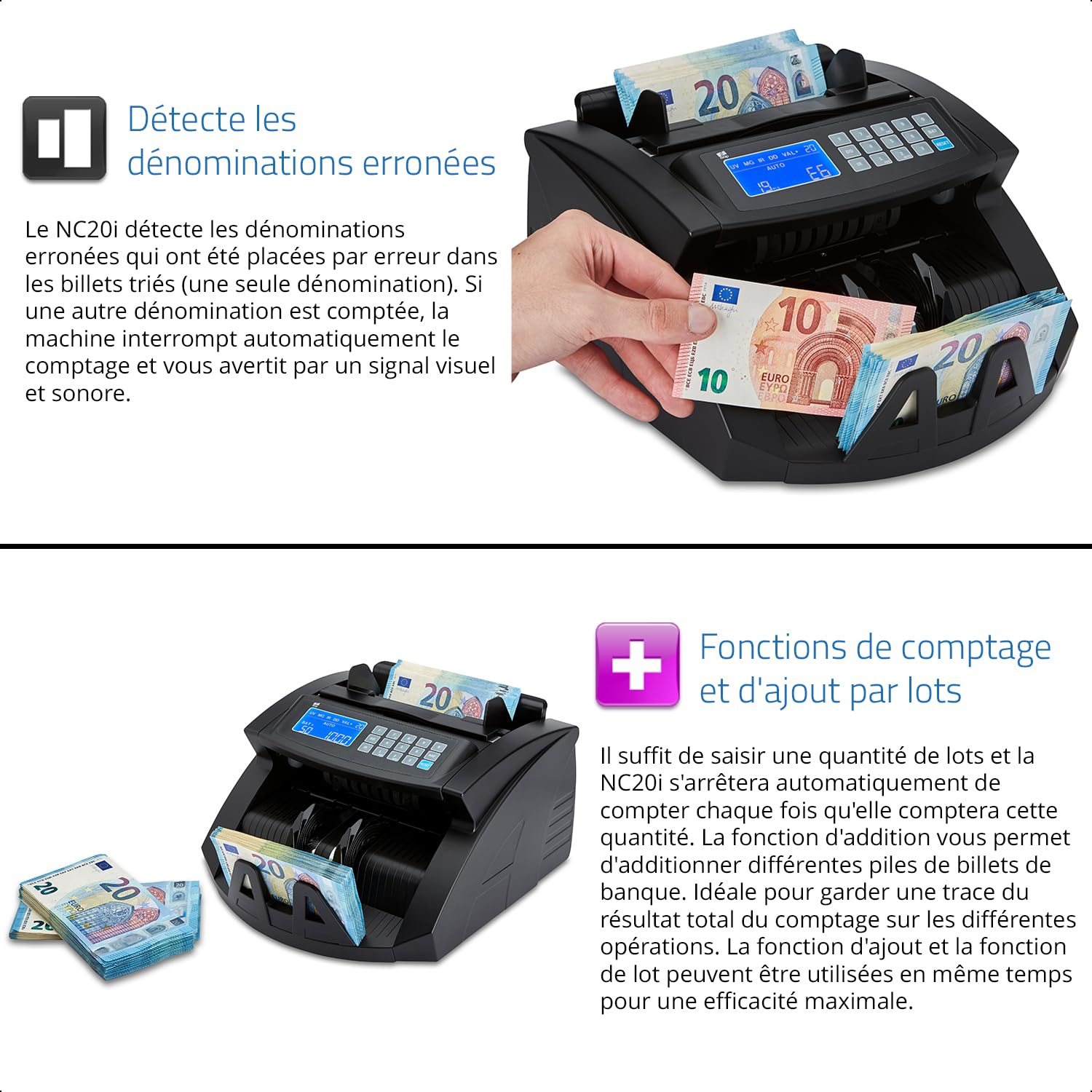 ZZap NC20i Compteuse de Billets & Détecteur de Contrefaçons - Compte 1000 billets par minute, compte par lots, détecte les contrefaçons sur 5 points et plus encore!