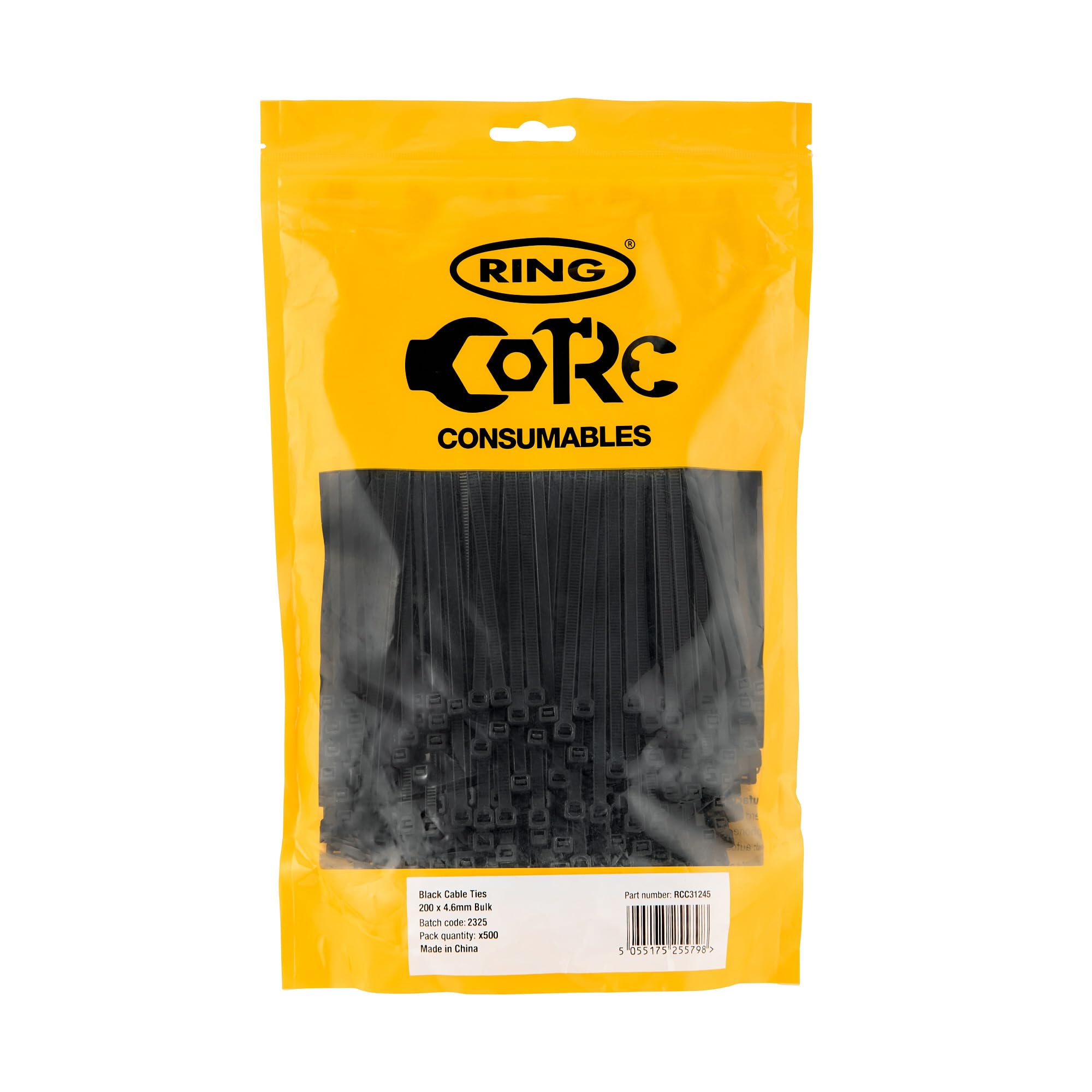 RING Black Cable Ties, 200 x 4.6 mm (500 Pcs Bulk Pack) General Purpose, Supplied in a Re-Sealable Pack