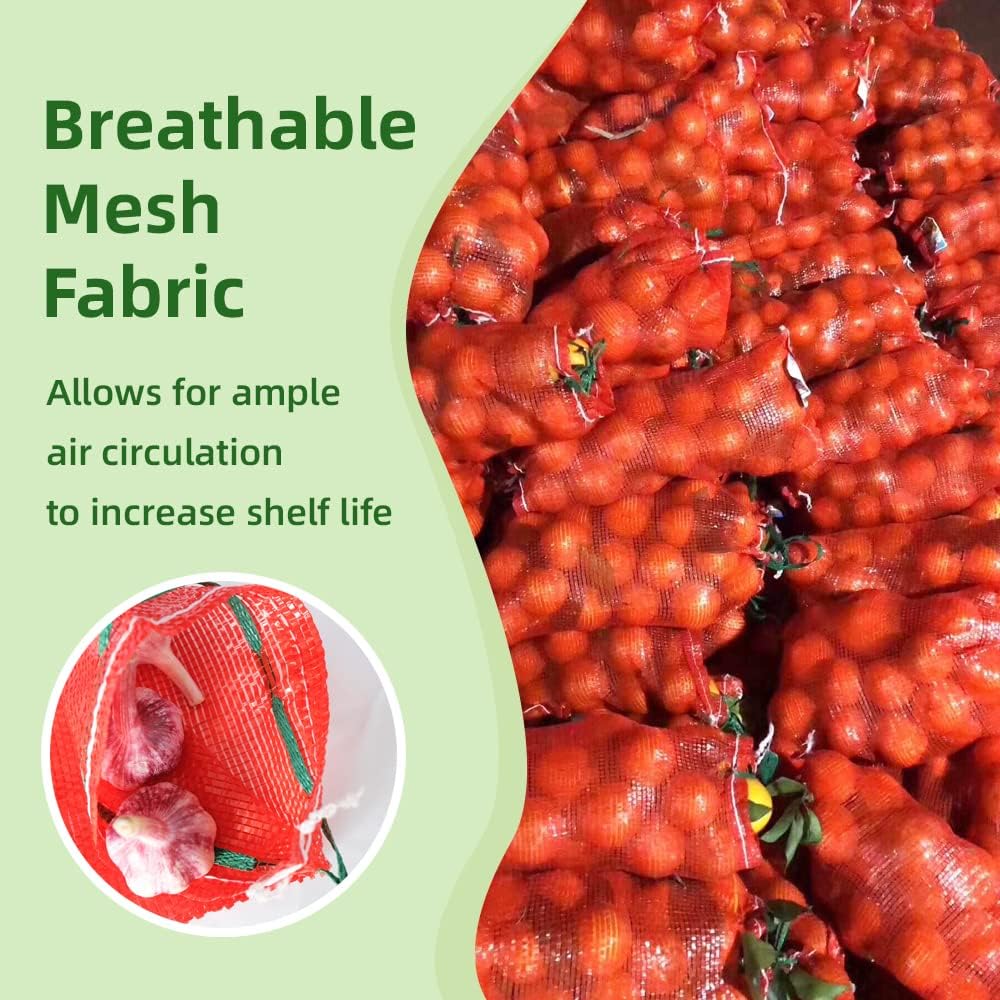 10 lb Mesh Onion Bags 100pcs, 11"×18" Mesh Produce Bags Hanging Reusable Breathable Vegetable Storage Net Bag with Drawstring for Onions Potatoes Citrus Crawfish, Red (Pack of 100)