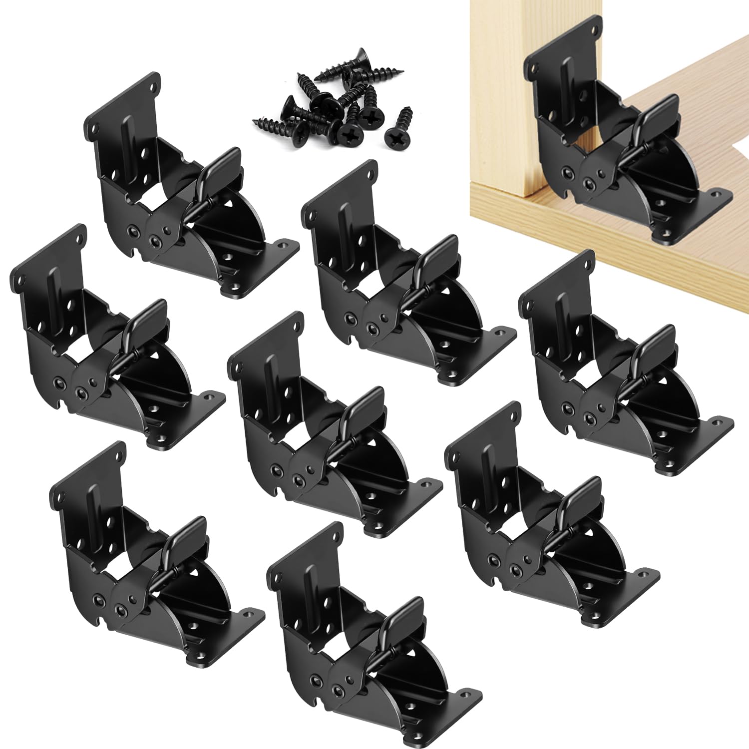 Folding Brackets 8 Pack, Heavy-Duty Self-Locking Hinges with Screws, Foldable Lock Extension Support Brackets for Table Legs, Bed Legs, Workbenches – Black