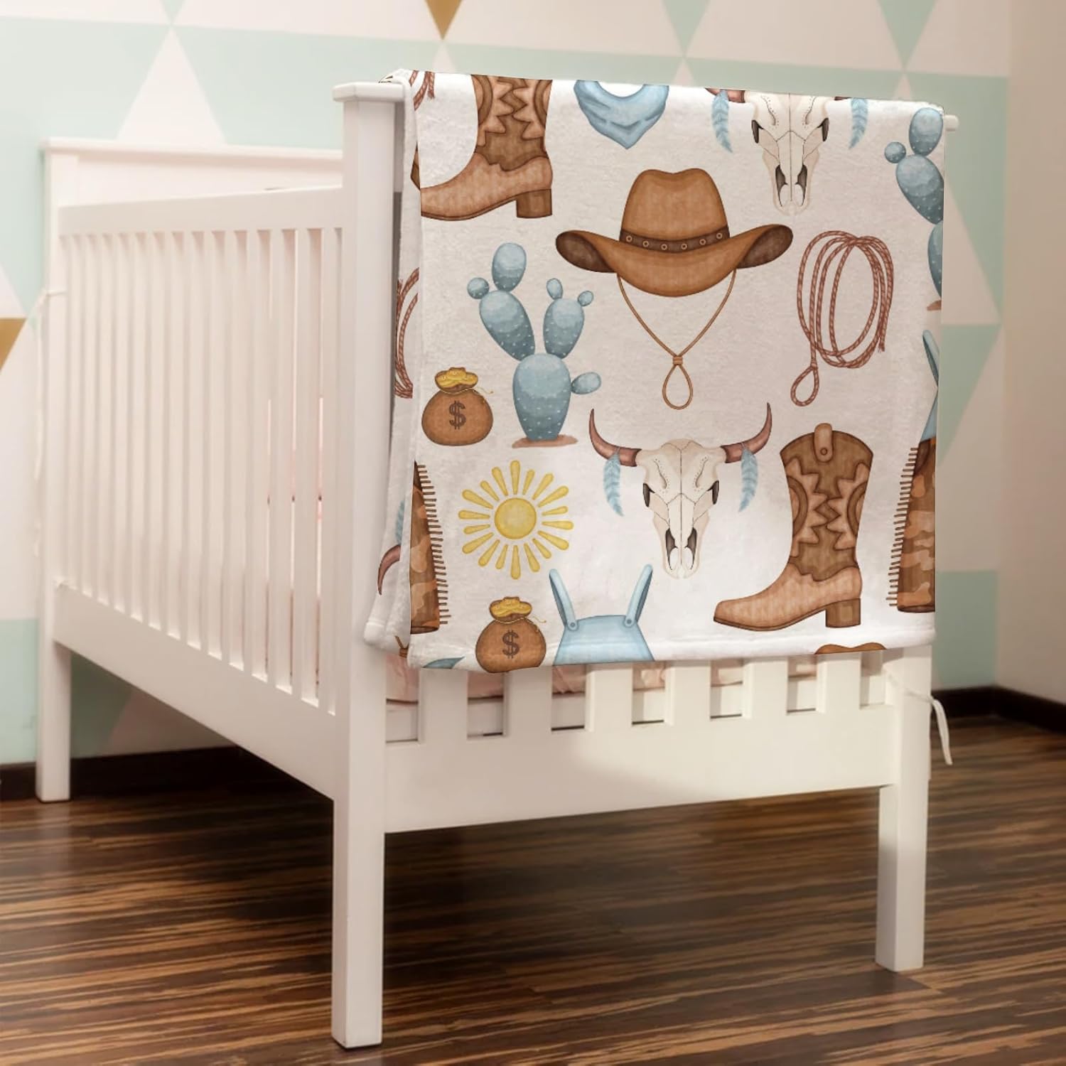 Baby Western Cowboy Blue Blankets for Boy Desert Cowboy Hat Boot Sun Cactus Swaddle Blankets Soft Receiving Blanket Newborn Nursery Stroller Crib Bedding Blanket Infant Unisex 40x50