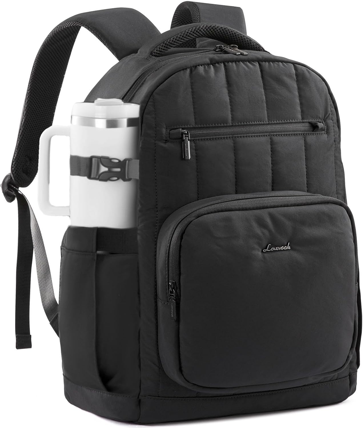 LOVEVOOK Laptop Backpack for Women with Giant Tumbler Holder Pocket,15.6 Inch Puffer Travel College Work Backpack Purse for Teacher Nurse,Waterproof Laptop Bag Computer Back Pack Casual Daypack,Black