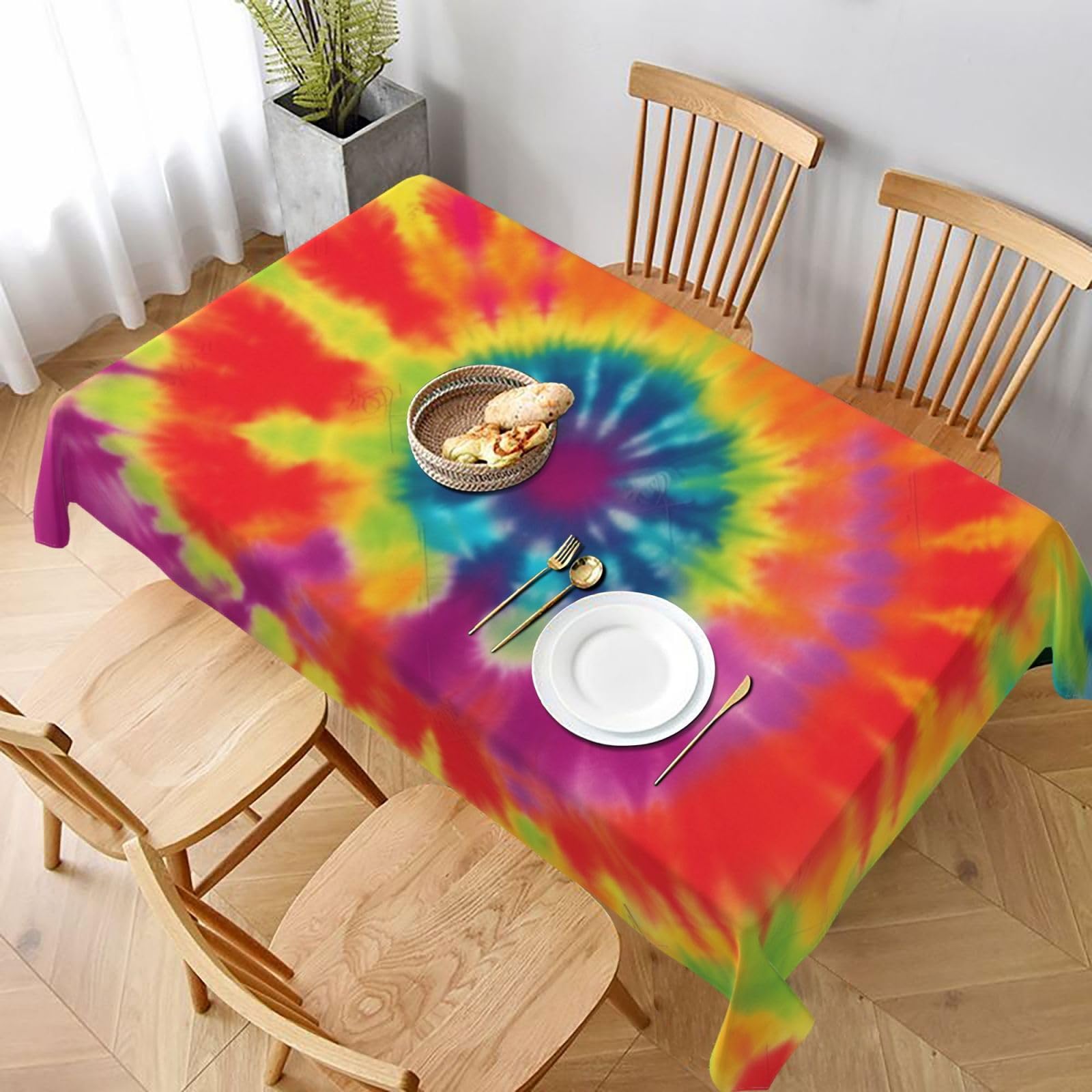 WPKJU tie dye Rainbow Printed Tablecloth 60x90 in Water Resistant Table Cover Washable Rectangle Table Cloth for Dining Tables