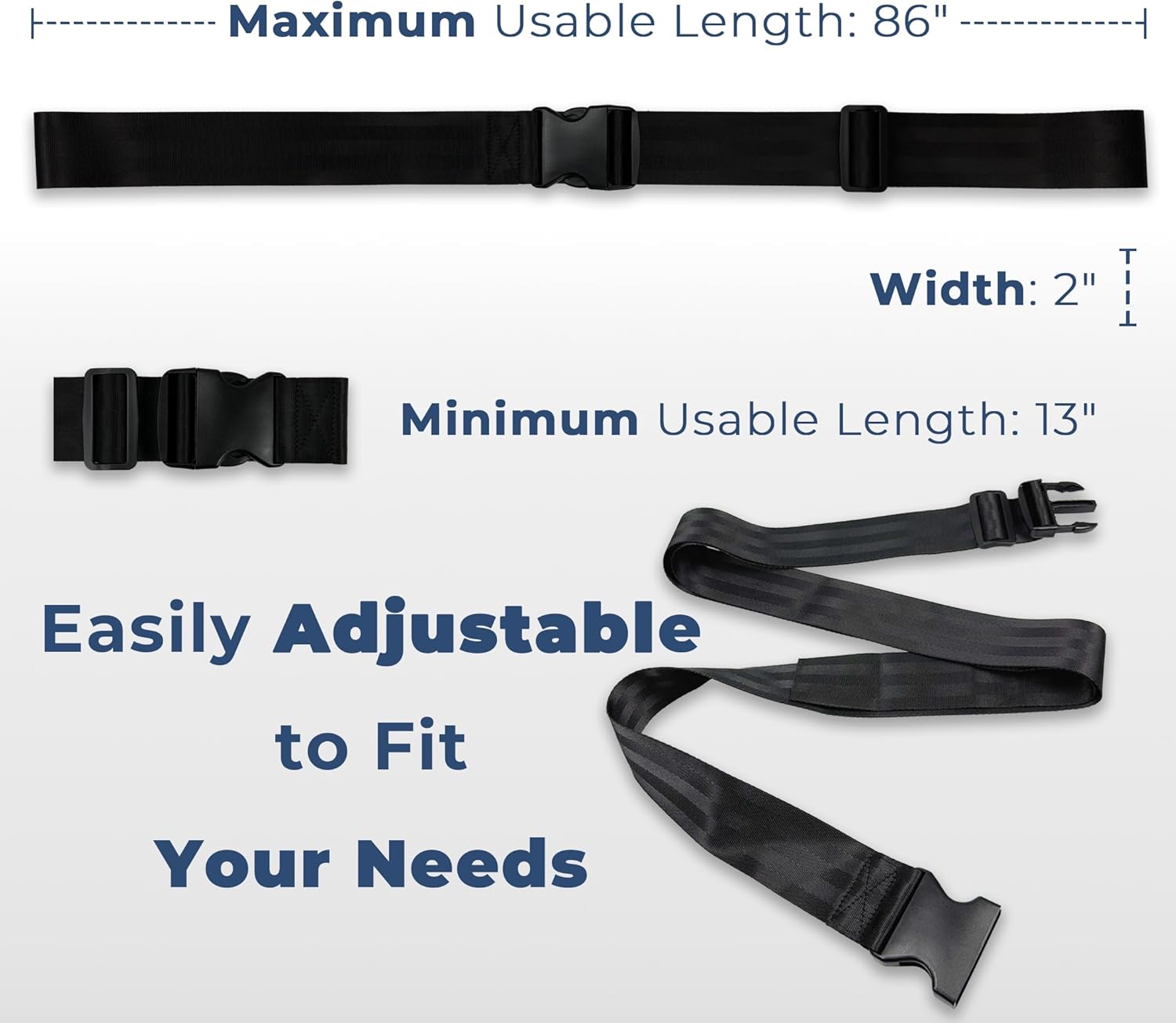 Diagram showing the adjustable length and width of the safety strap