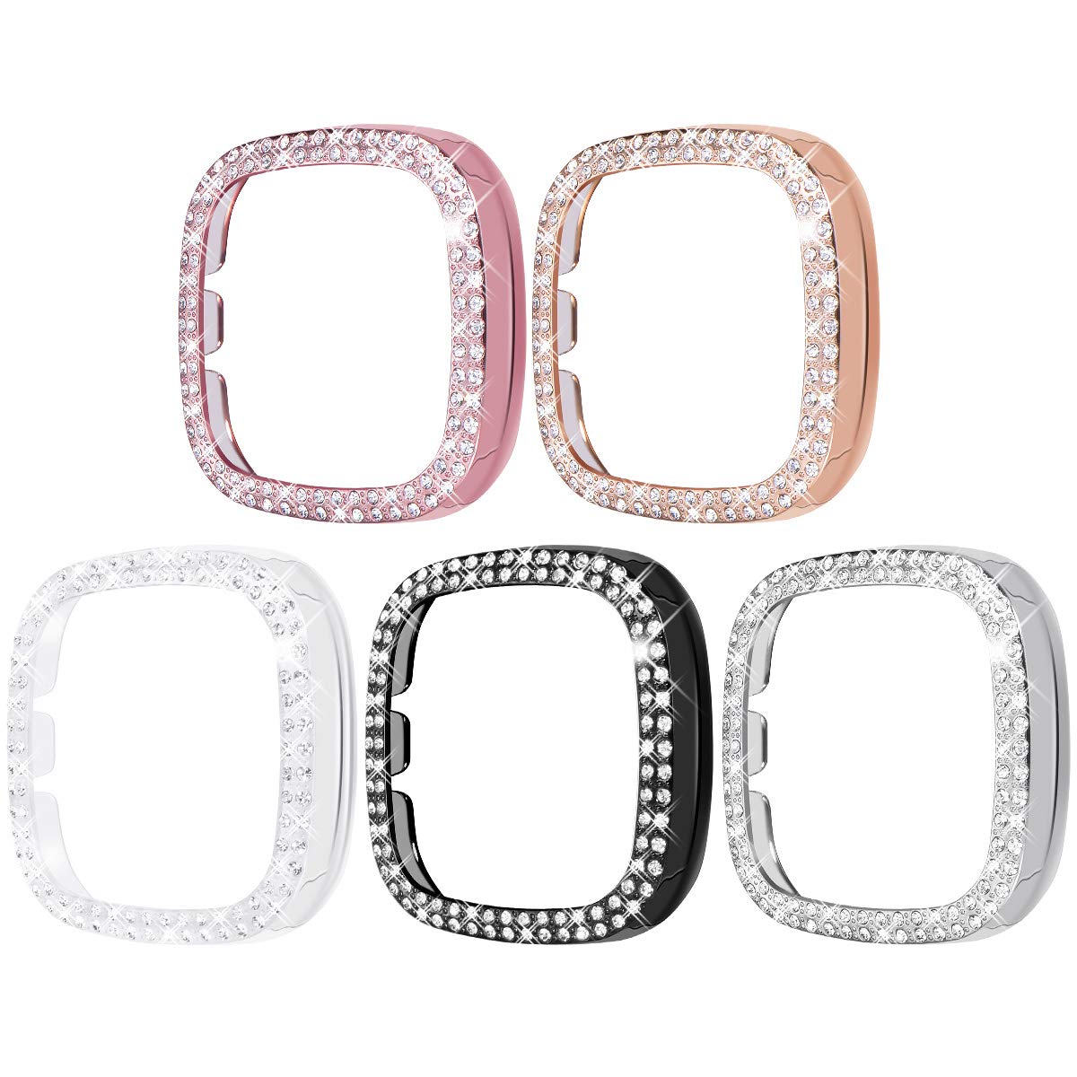 SuraceCompatible for Fitbit Versa 3 Case, Bling Crystal Diamond Frame Protective Case Compatible for Fitbit Versa 3 Smart Watch (5 Packs, Rose Gold/Pink Gold/Black/Silver/Clear)