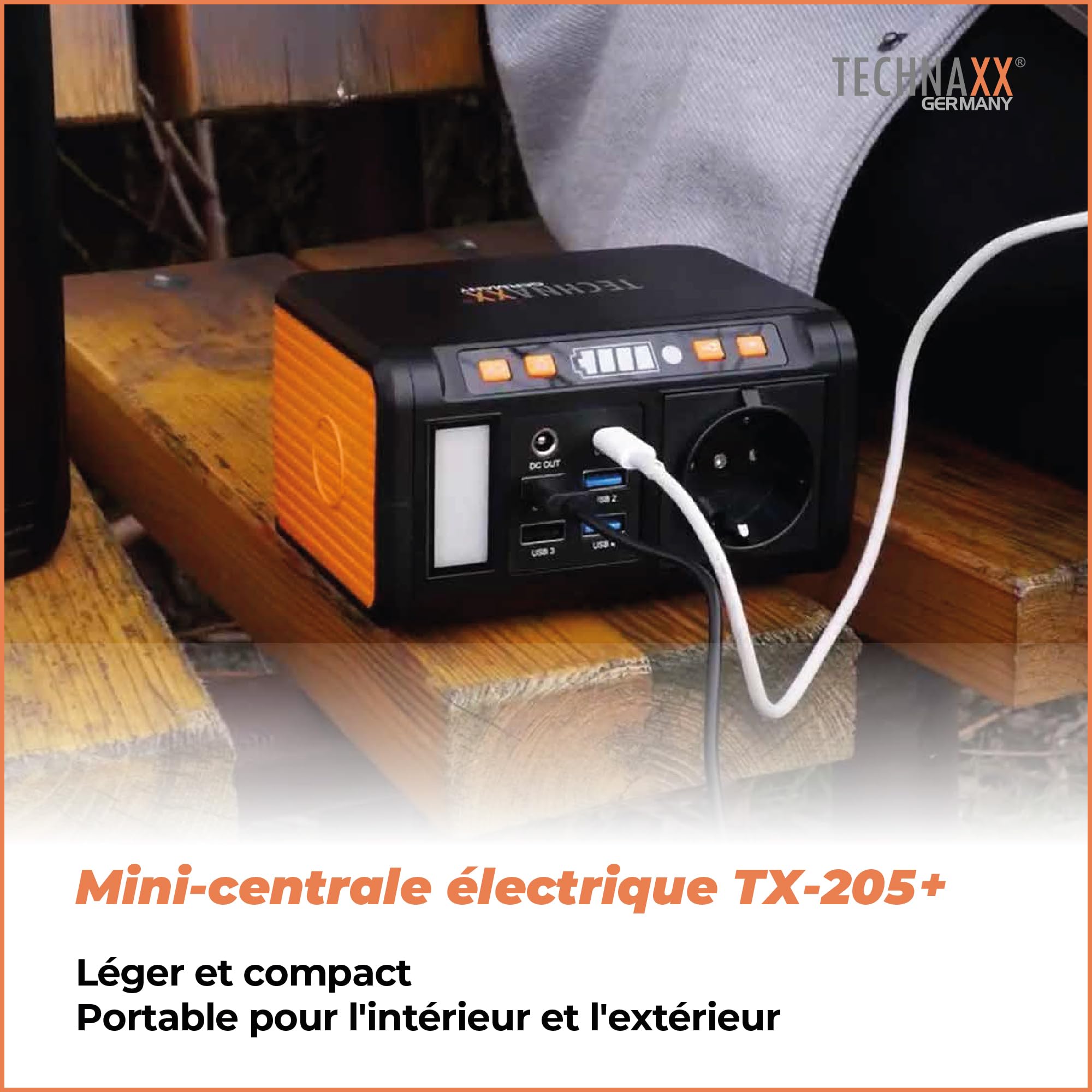 Technaxx Mini Station d'Énergie Portable 74Wh 80W avec Prise 230V, USB-C PD 18W, 4 ×USB-A QC3.0, Sortie DC, Lampe LED, Compatible Recharge Solaire, Générateur Camping – Modèle Mis à Jour 2026 TX-205+