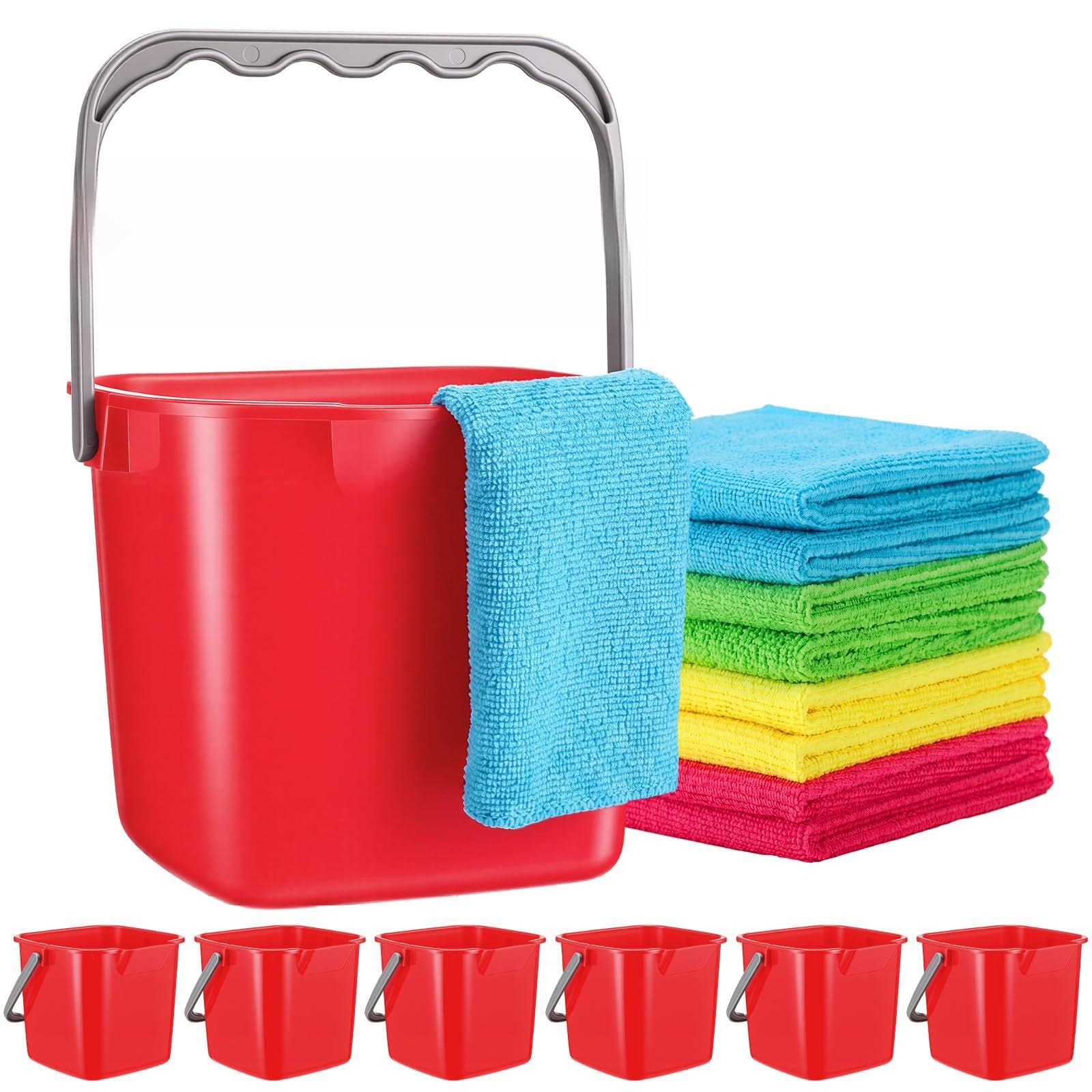 8 Pcs 3 Qt Square Sanitizing Cleaning Red Bucket with Cleaning Cloths